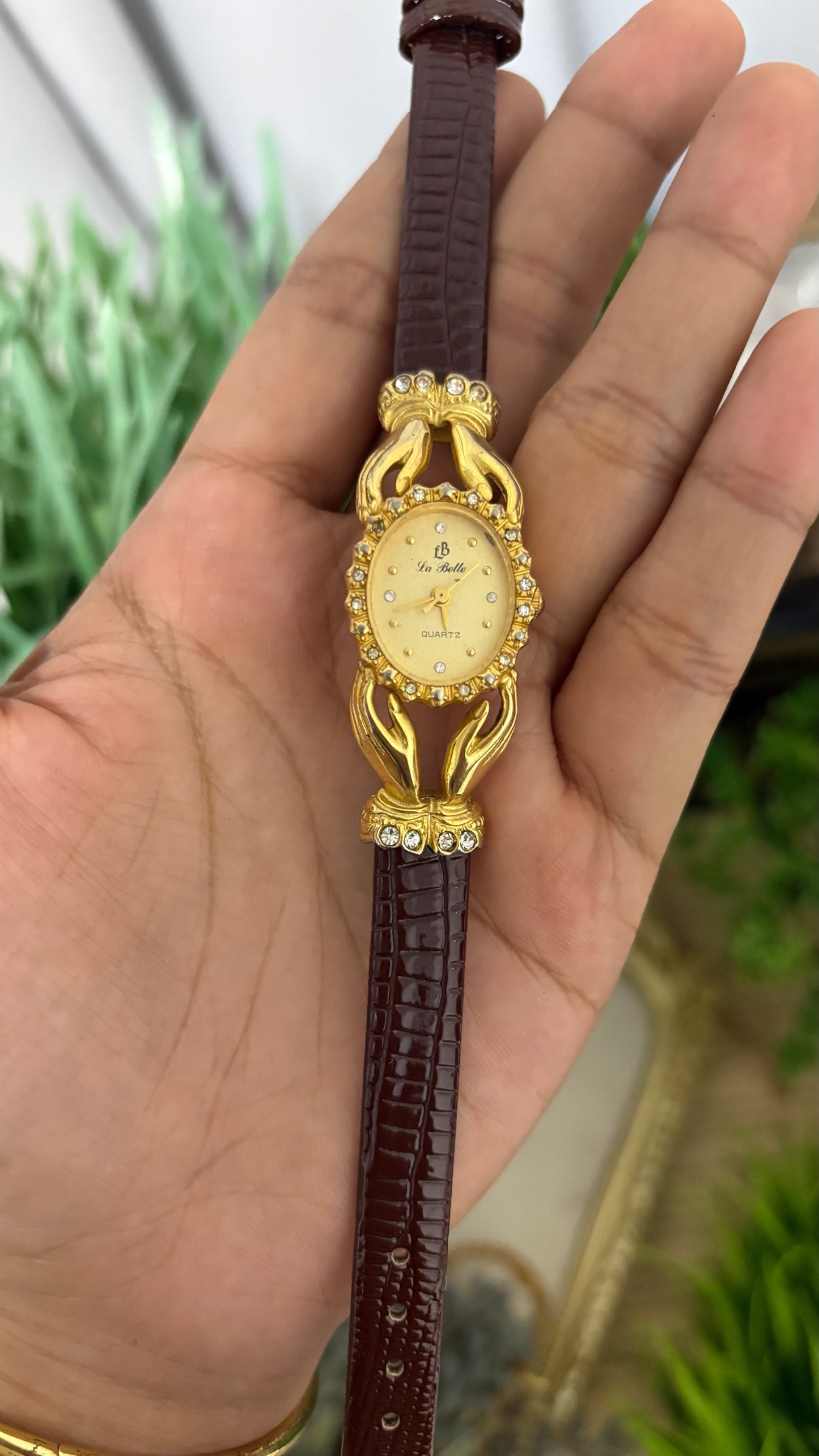 Vintage La Belle Oval Watch with Gold Tone Dial Crystal Halo Bezel Ornate Hands Shape Case Accents and Crystal Set Bow End Links Quartz