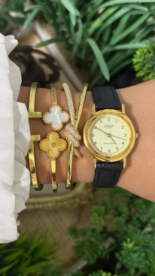 Vintage Clarence Round Watch with Champagne Dial Full Arabic Numerals Polished Gold Tone Case and Smooth Slim Black Leather Strap Quartz