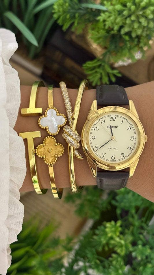 Vintage Current Mens Round Watch with Cream Dial Full Arabic Numerals Polished Gold Tone Case and Smooth Dark Brown Leather Strap Quartz
