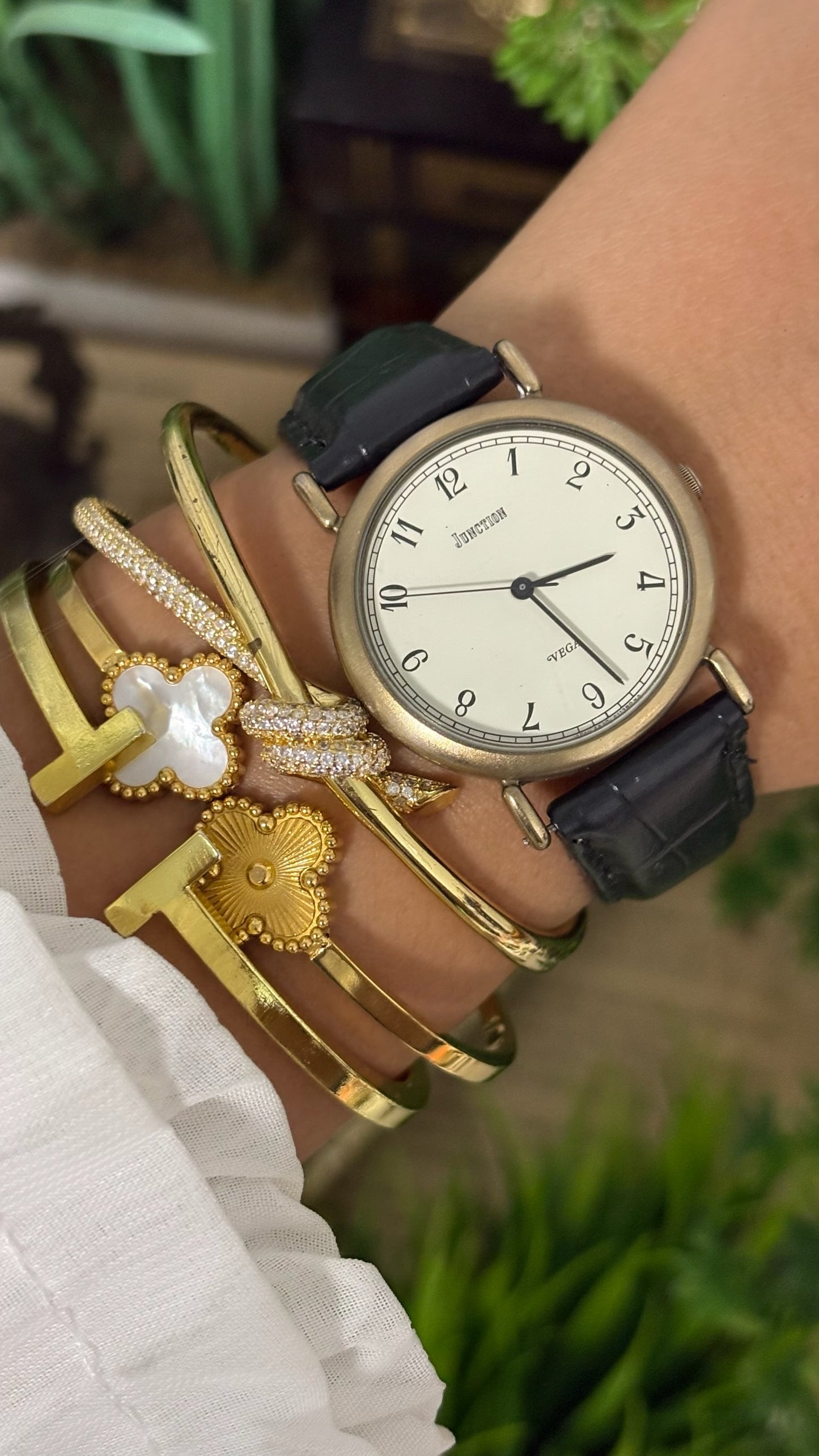 Vintage Vega Mens Junction Round Watch with White Dial Full Arabic Numerals Matte Gold Tone Case and Black Croc Embossed Leather Strap Quartz