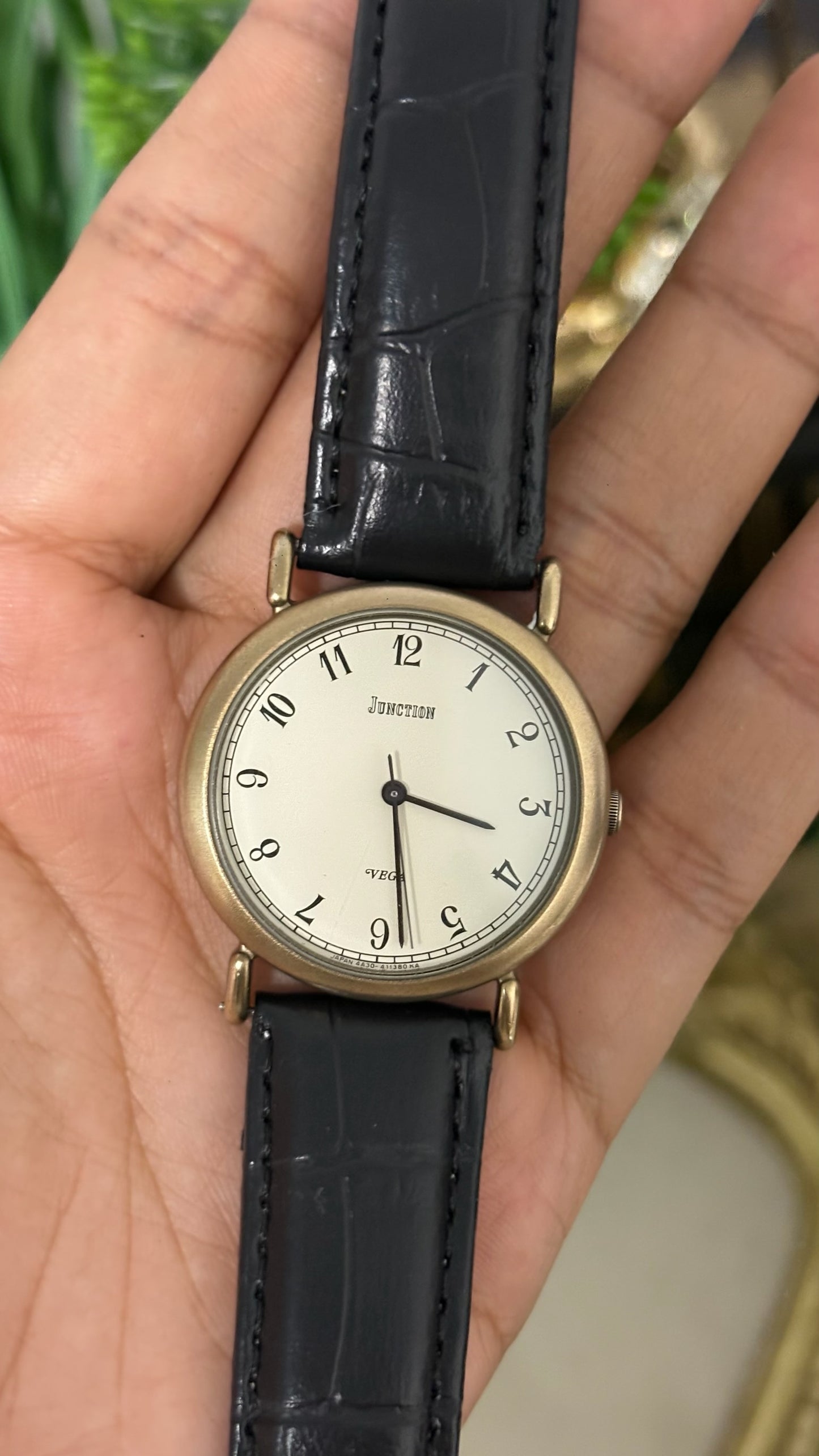 Vintage Vega Mens Junction Round Watch with White Dial Full Arabic Numerals Matte Gold Tone Case and Black Croc Embossed Leather Strap Quartz