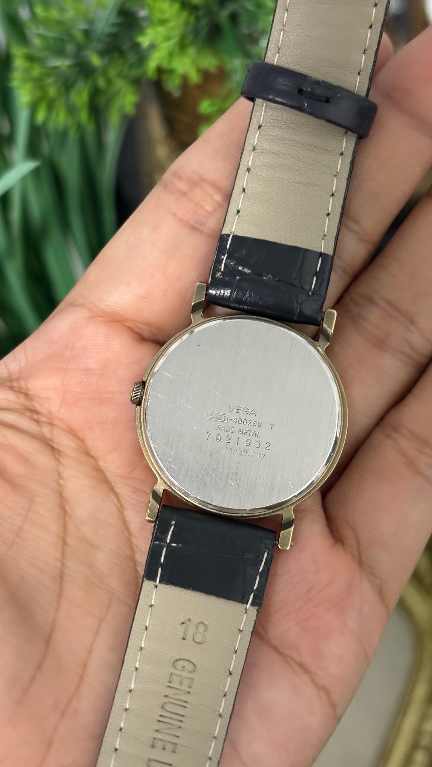 Vintage Vega Mens Junction Round Watch with White Dial Full Arabic Numerals Matte Gold Tone Case and Black Croc Embossed Leather Strap Quartz