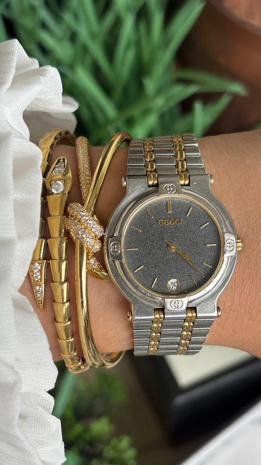 Vintage Gucci 9000L Swiss Watch in Two Tone Black Glittered Dial with Gucci Box