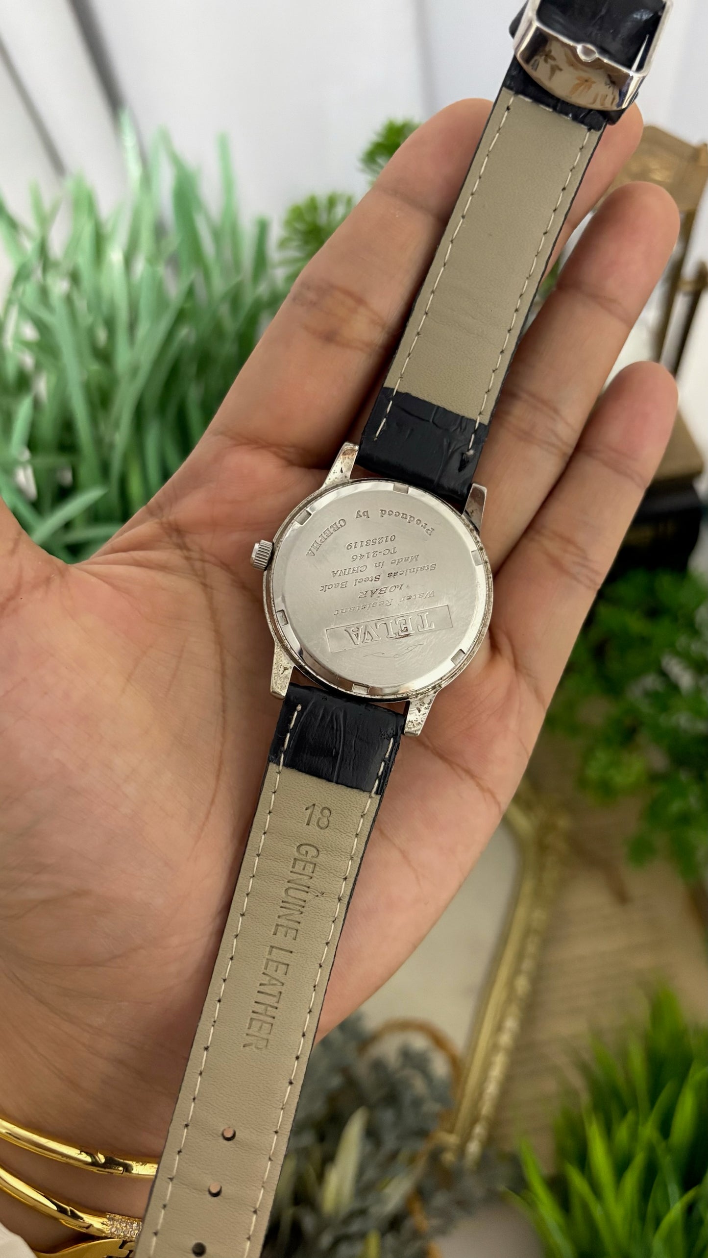 Vintage Telva Mens Round Watch with Navy Blue Dial Silver Tone Stick Markers Date Window Polished Silver Tone Case and Black Croc Embossed Leather Strap Quartz