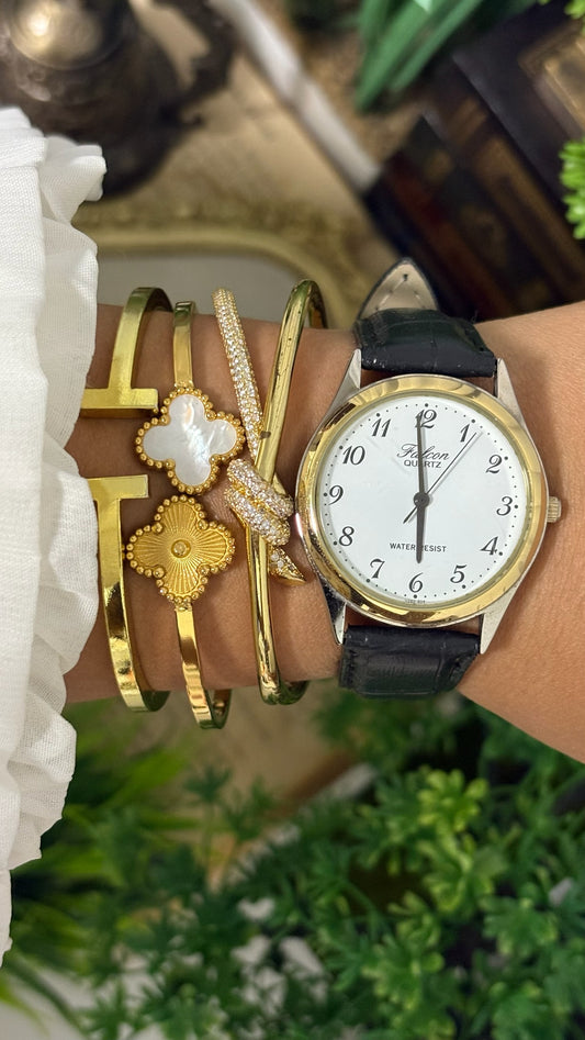 Vintage Q&Q Falcon Mens Round Watch with White Dial Full Arabic Numerals Two-Tone Silver and Gold Case and Black Croc Embossed Leather Strap Quartz