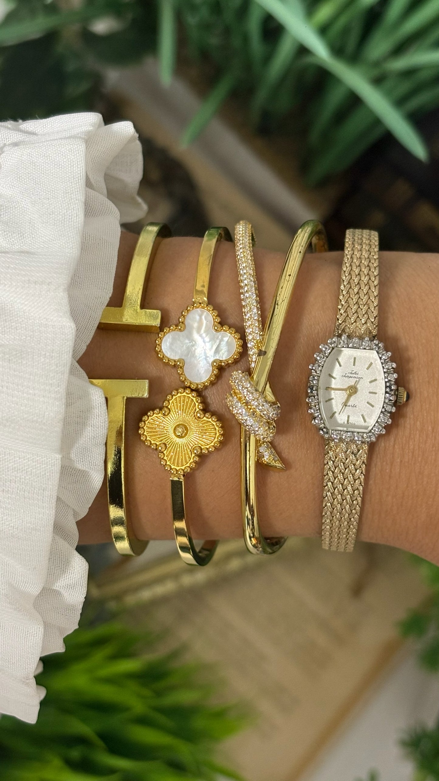 Rare Vintage Jules Jergensen Bejeweled Bezel Tonneau Dress Watch in Gold Tone Quartz
