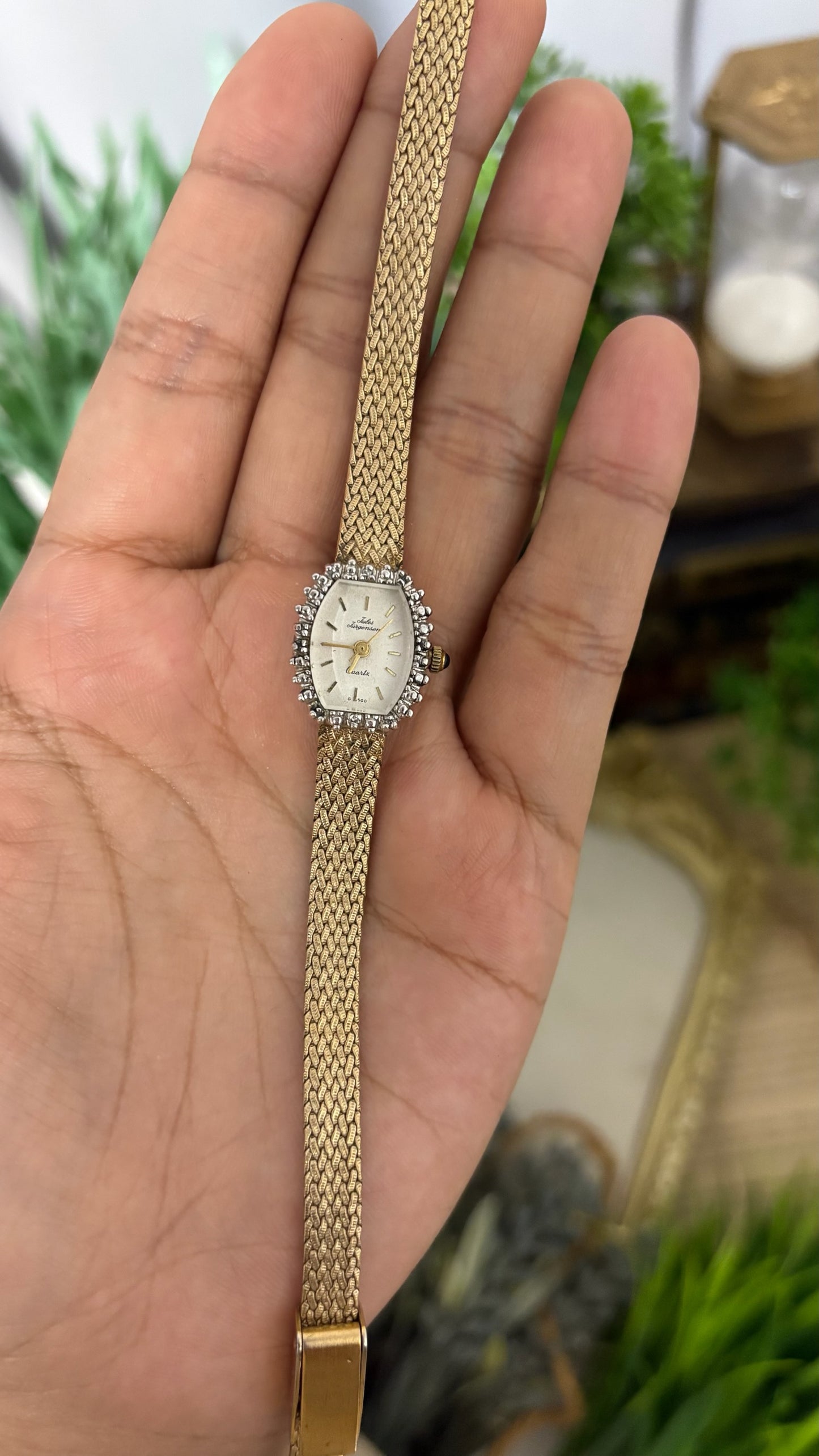 Rare Vintage Jules Jergensen Bejeweled Bezel Tonneau Dress Watch in Gold Tone Quartz