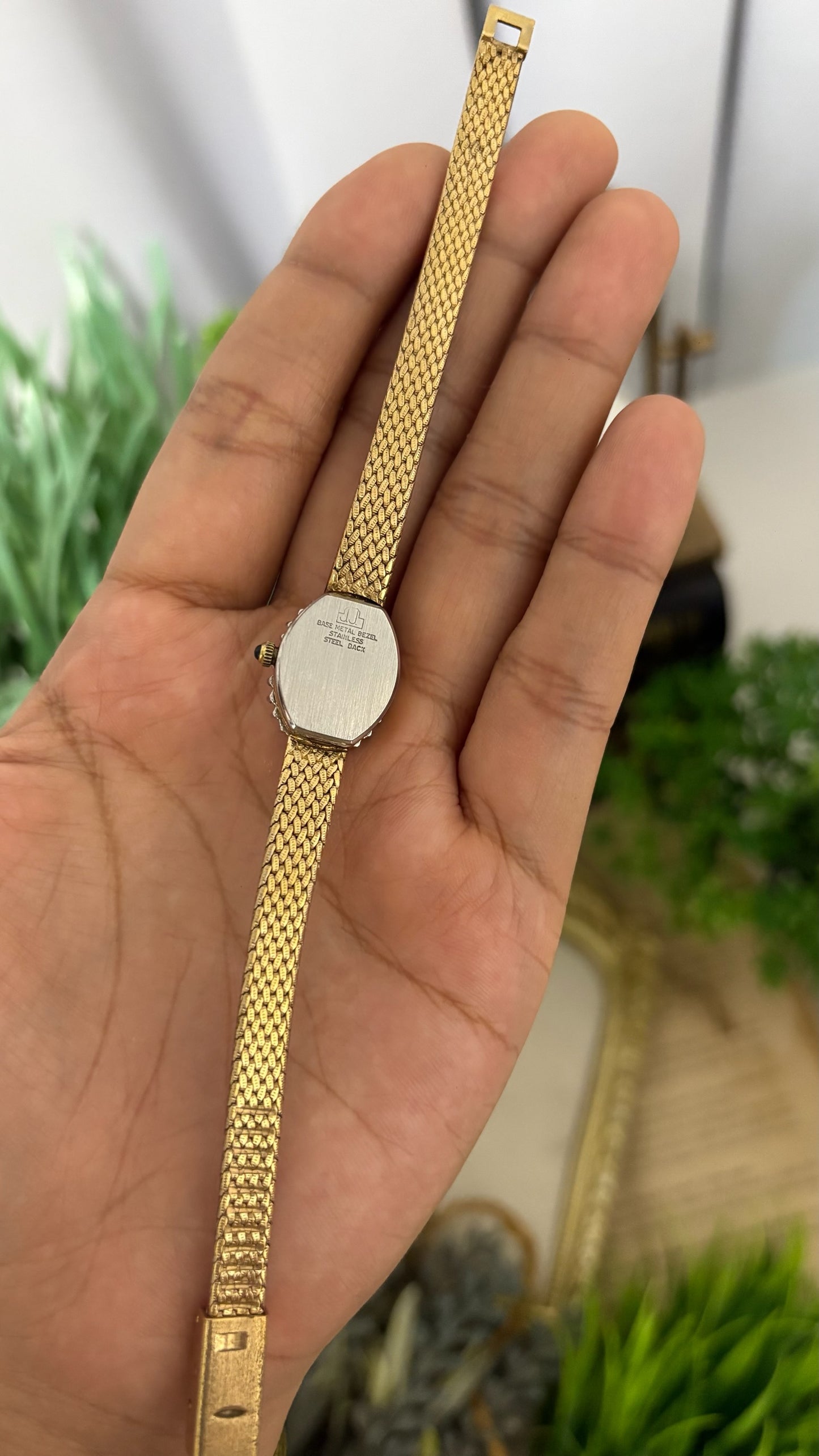 Rare Vintage Jules Jergensen Bejeweled Bezel Tonneau Dress Watch in Gold Tone Quartz