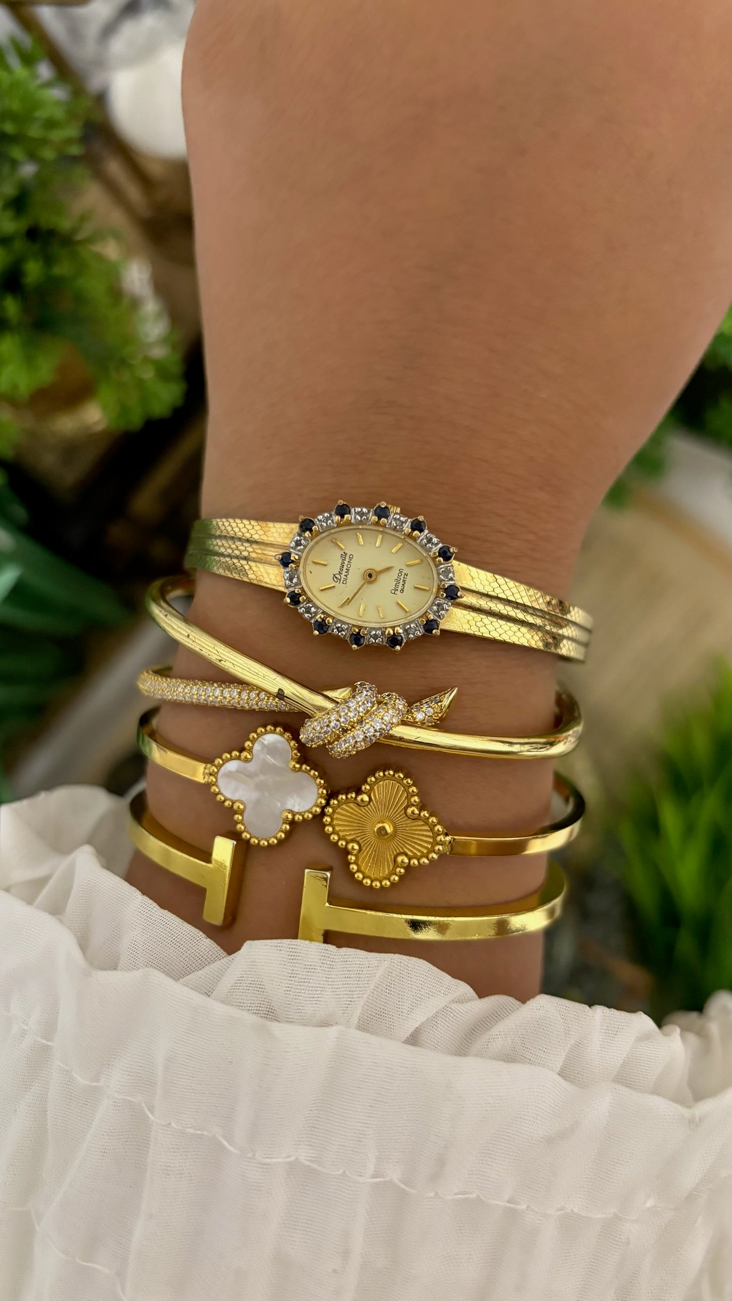 Extremely Rare Vintage Armitron Deauville Diamond and Sapphire Bezel Dress Watch in Gold Tone Quartz