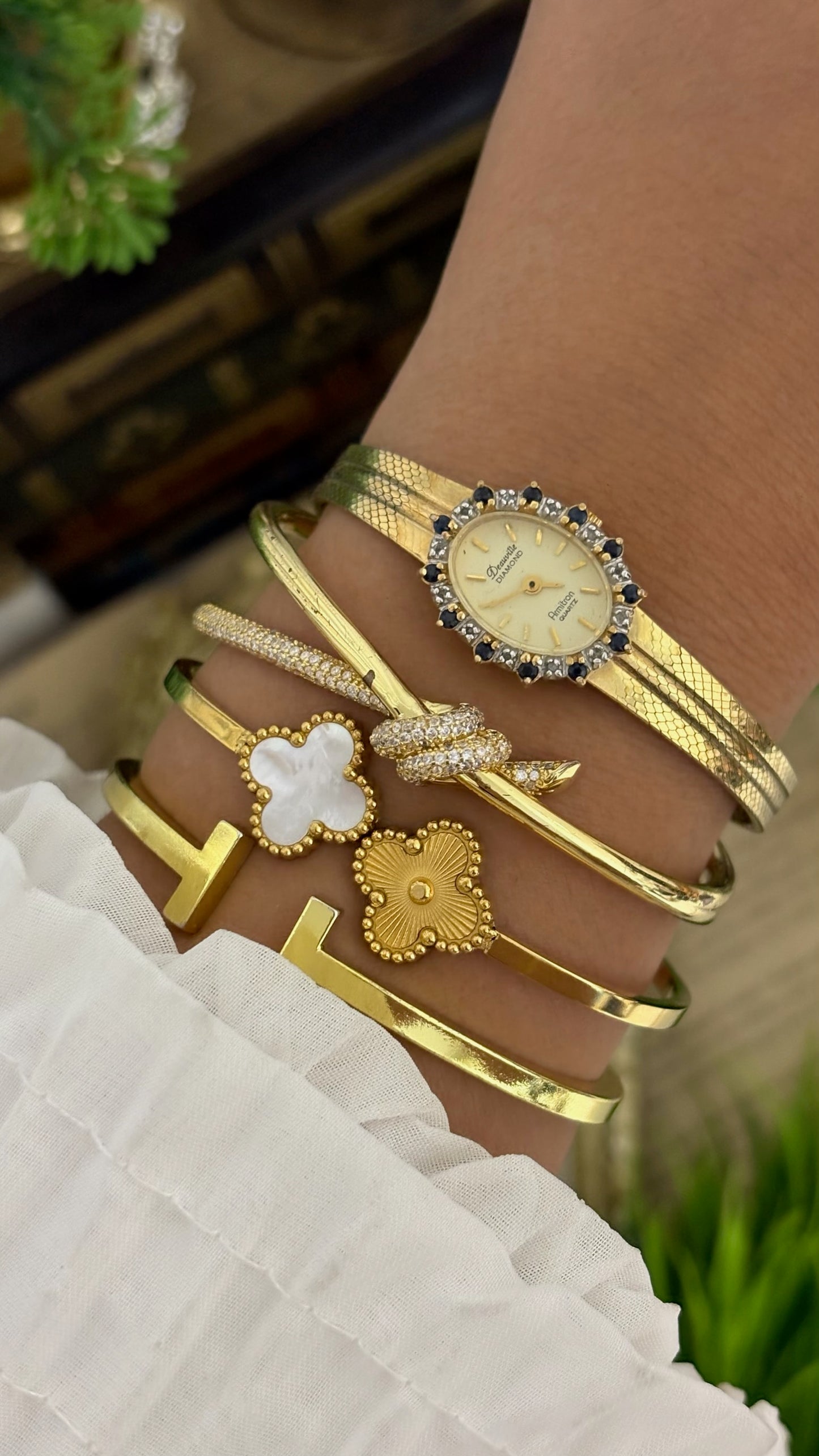 Extremely Rare Vintage Armitron Deauville Diamond and Sapphire Bezel Dress Watch in Gold Tone Quartz