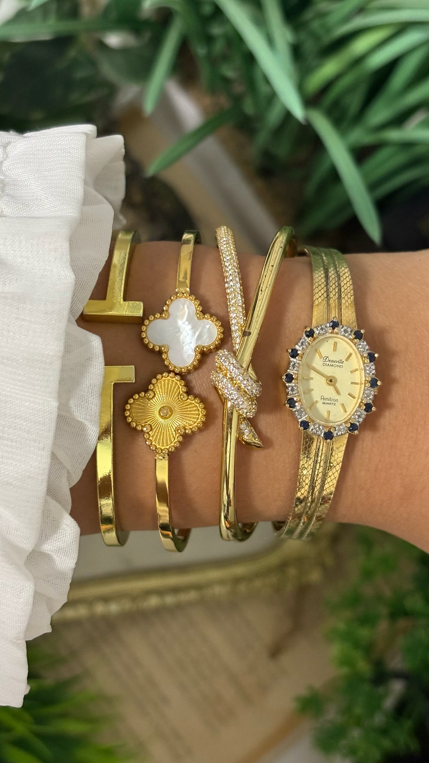 Extremely Rare Vintage Armitron Deauville Diamond and Sapphire Bezel Dress Watch in Gold Tone Quartz