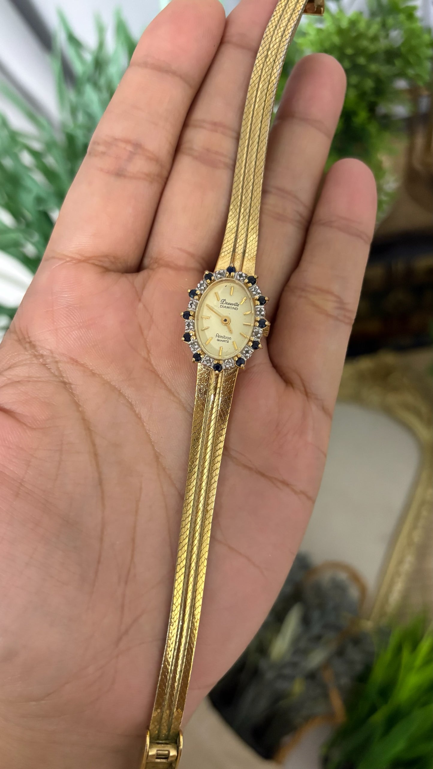 Extremely Rare Vintage Armitron Deauville Diamond and Sapphire Bezel Dress Watch in Gold Tone Quartz