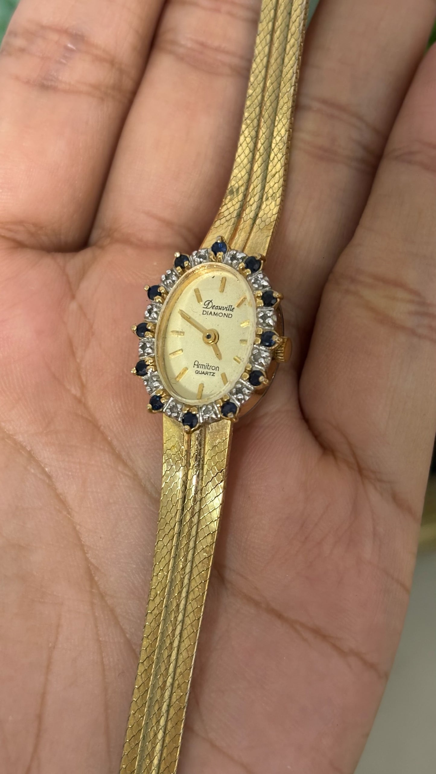 Extremely Rare Vintage Armitron Deauville Diamond and Sapphire Bezel Dress Watch in Gold Tone Quartz