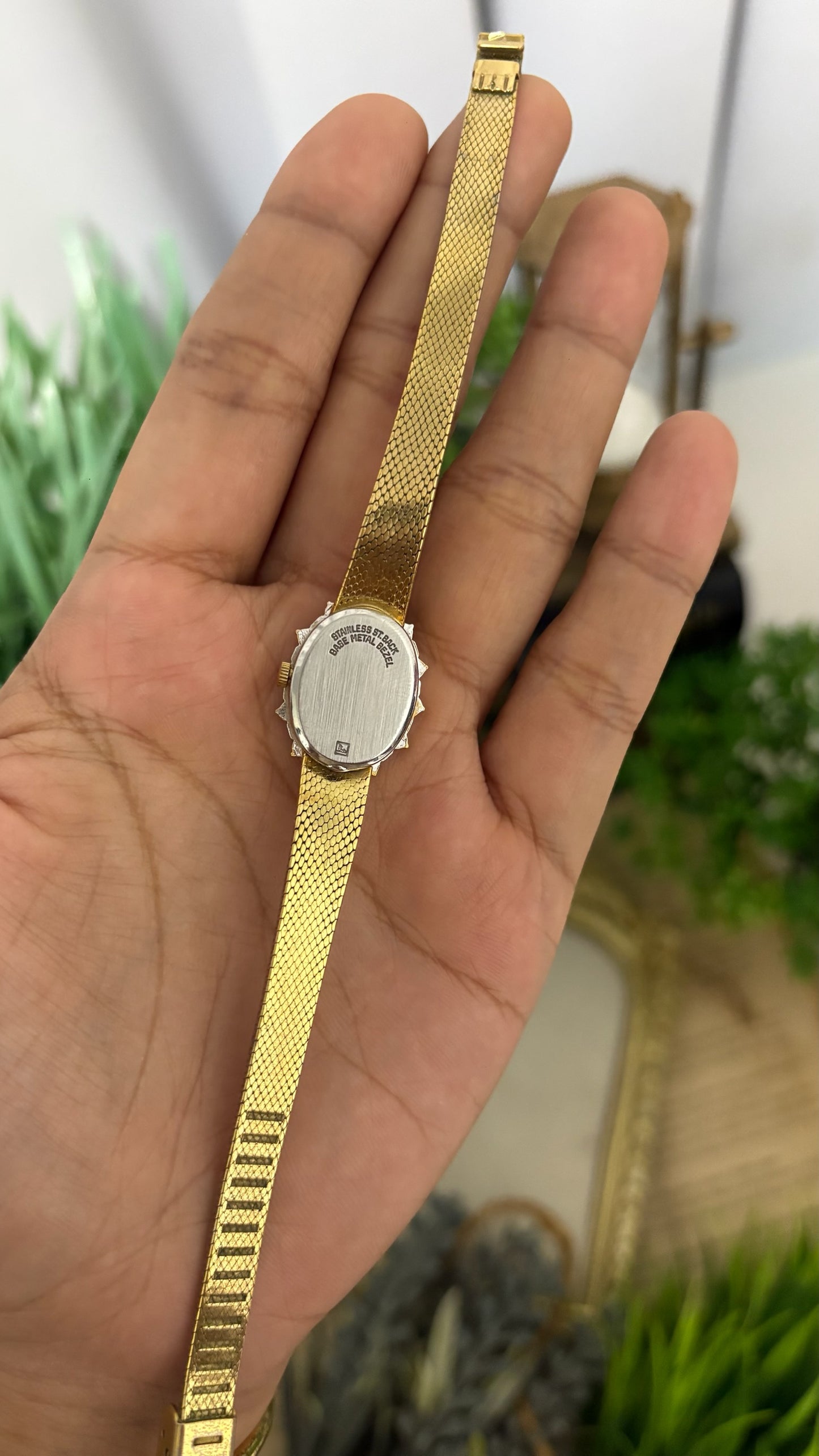 Extremely Rare Vintage Armitron Deauville Diamond and Sapphire Bezel Dress Watch in Gold Tone Quartz