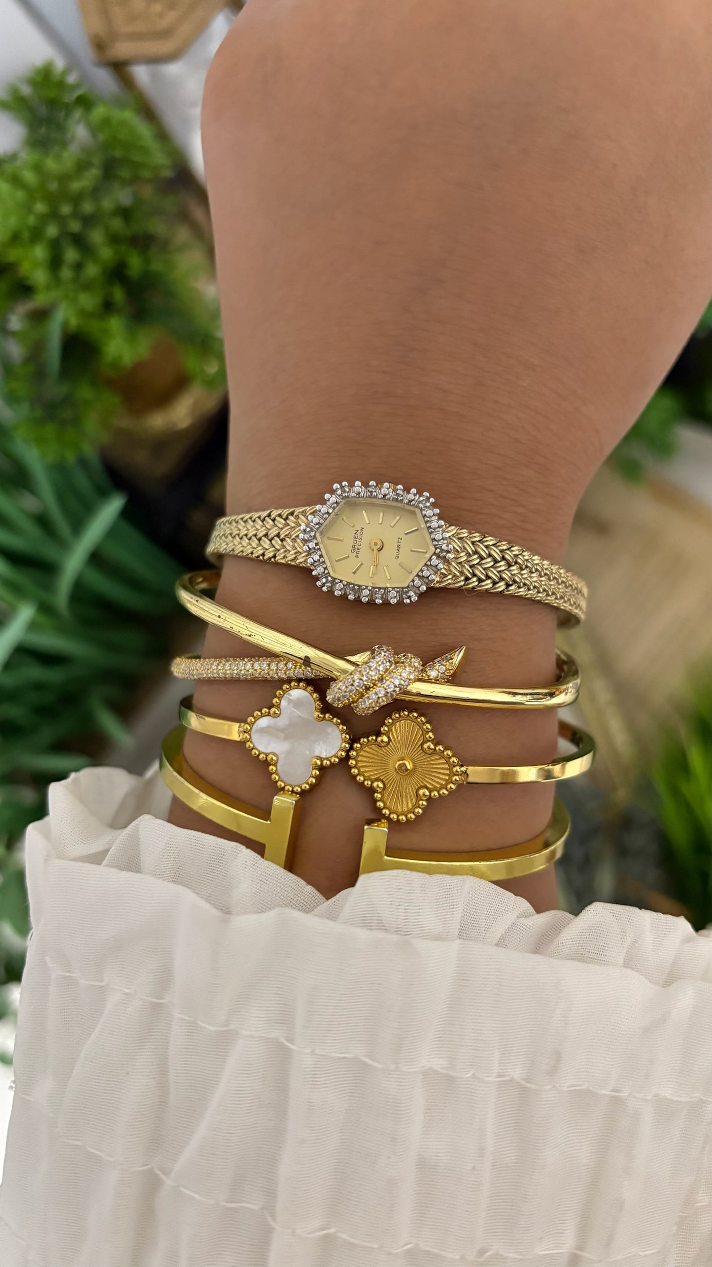Rare Vintage Precision by Gruen Bejeweled Bezel Hexagon Dress Watch in Gold Tone Quartz