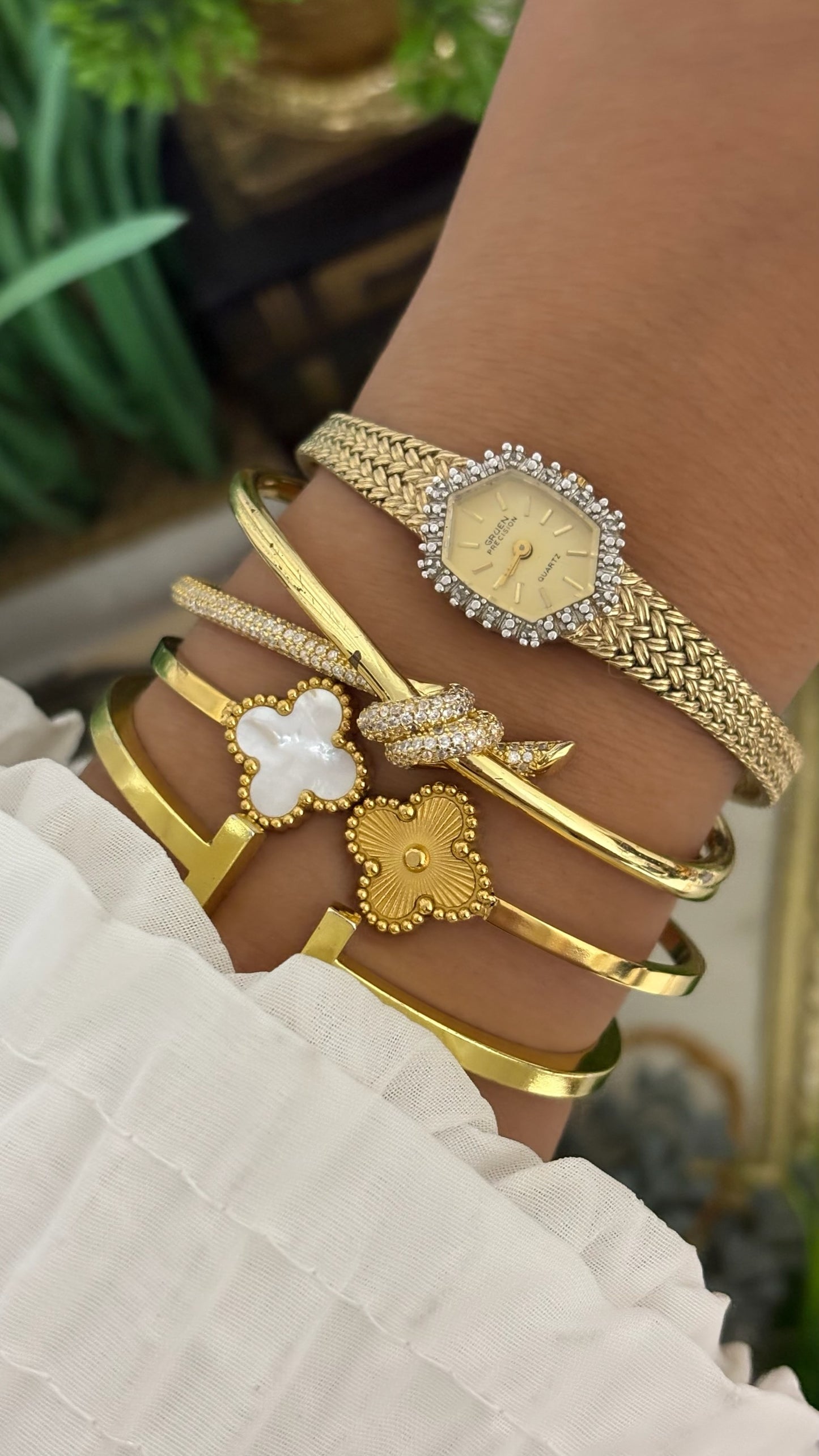 Rare Vintage Precision by Gruen Bejeweled Bezel Hexagon Dress Watch in Gold Tone Quartz