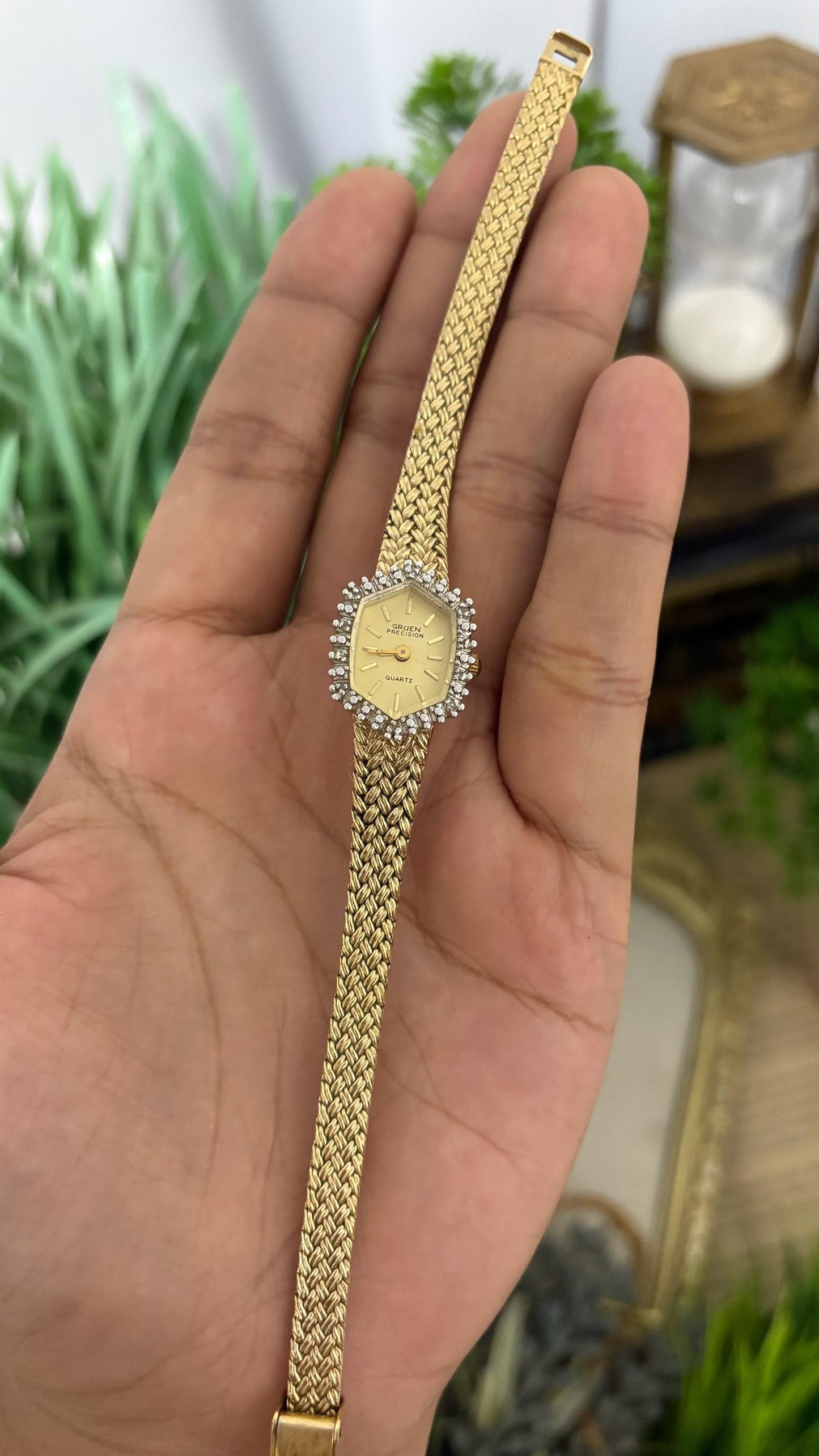 Rare Vintage Precision by Gruen Bejeweled Bezel Hexagon Dress Watch in Gold Tone Quartz