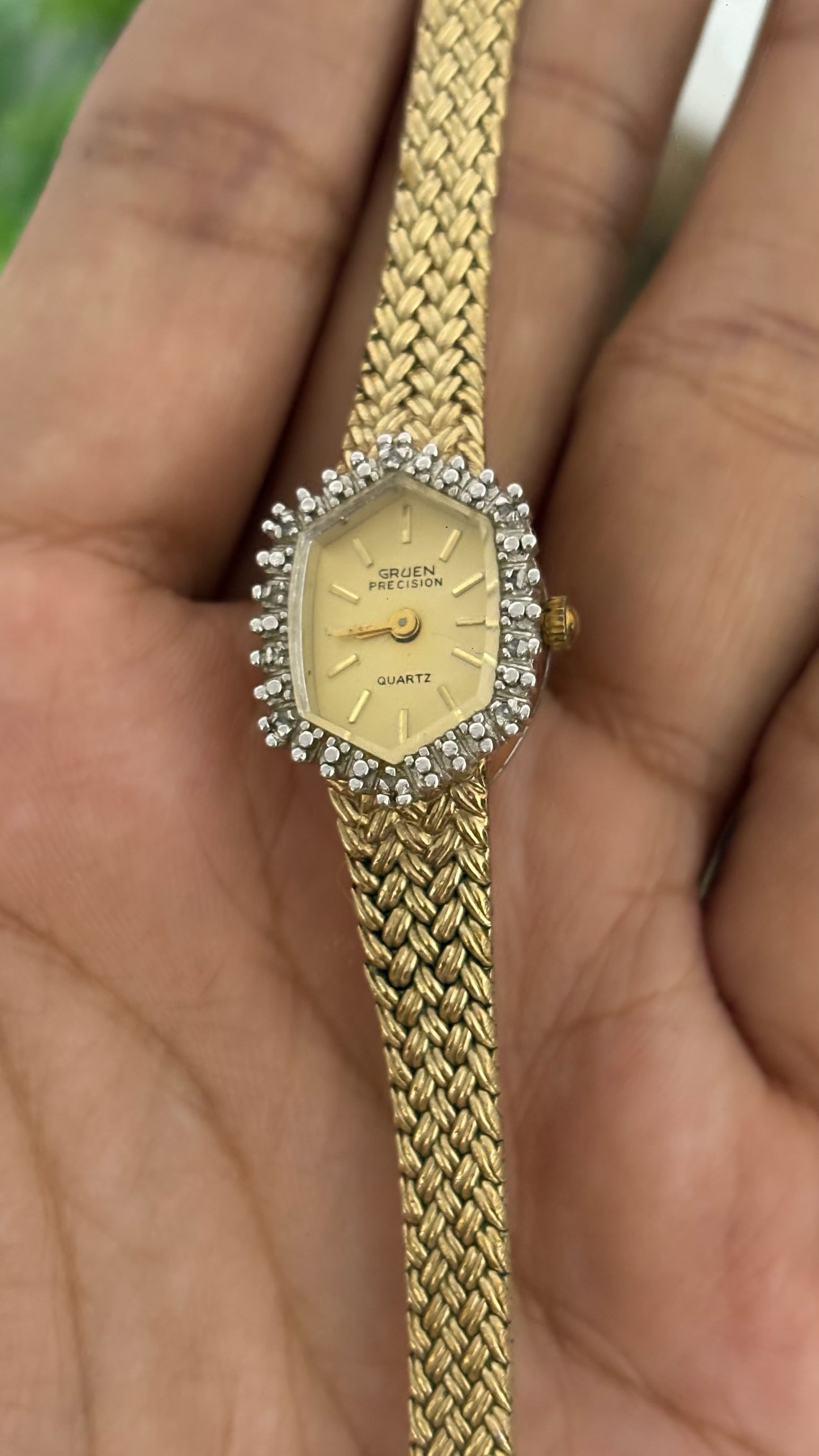 Rare Vintage Precision by Gruen Bejeweled Bezel Hexagon Dress Watch in Gold Tone Quartz