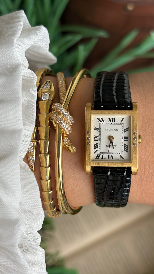 Vintage Technos Swiss Tank Watch in Black Leather Strap Cartier Style