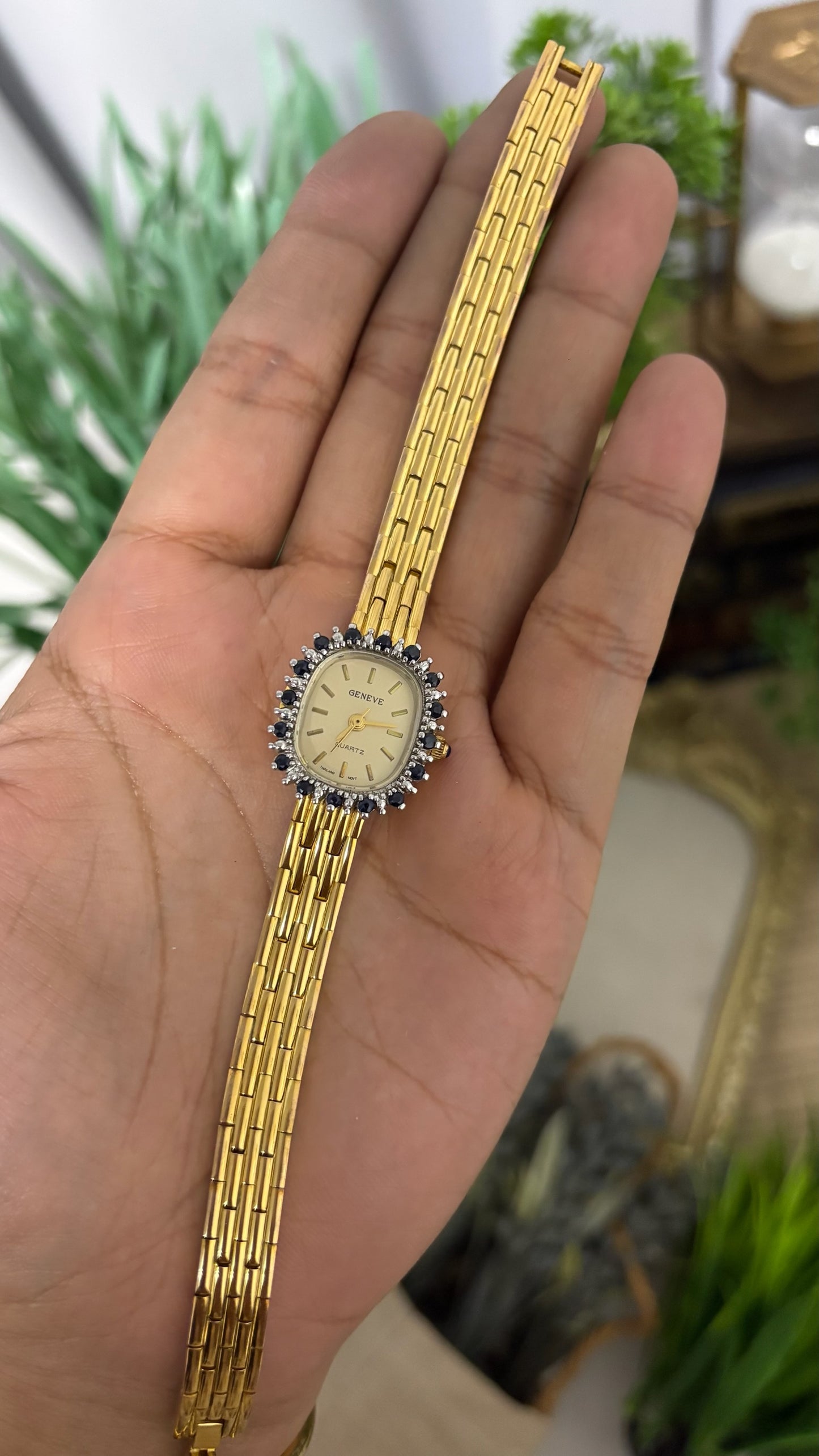 Extremely Rare Vintage Geneve Sapphire Bezel Dress Watch in Gold Tone Quartz