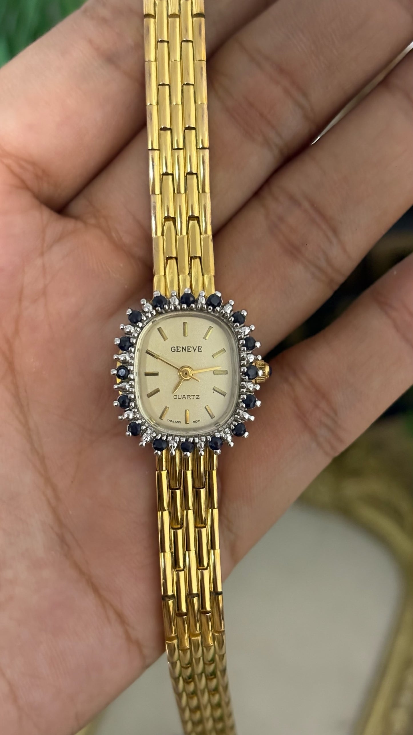 Extremely Rare Vintage Geneve Sapphire Bezel Dress Watch in Gold Tone Quartz
