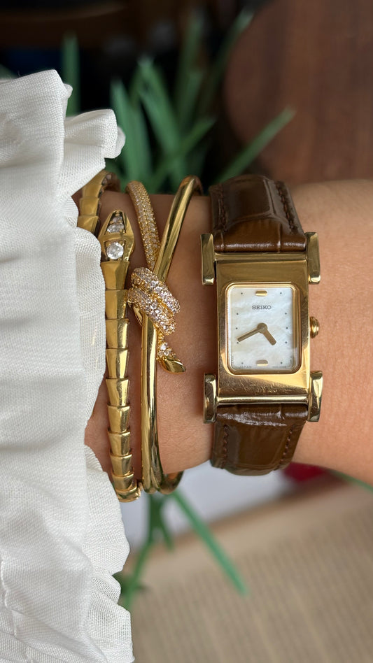 Extremely Rare Vintage Seiko Women’s Tank Watch in Brown Leather Strap Pearl Dial