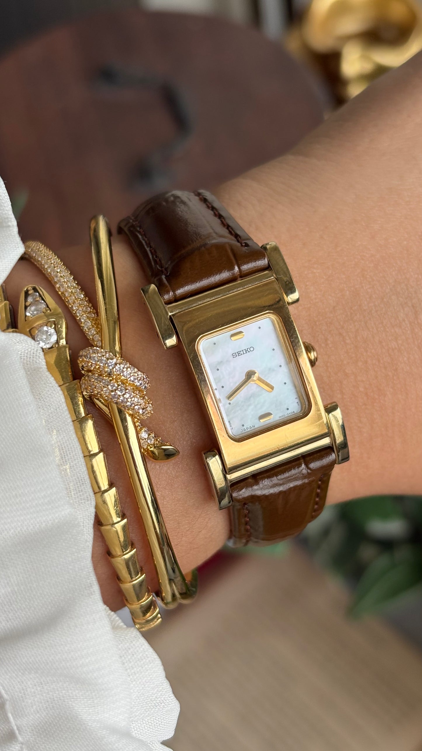Extremely Rare Vintage Seiko Women’s Tank Watch in Brown Leather Strap Pearl Dial