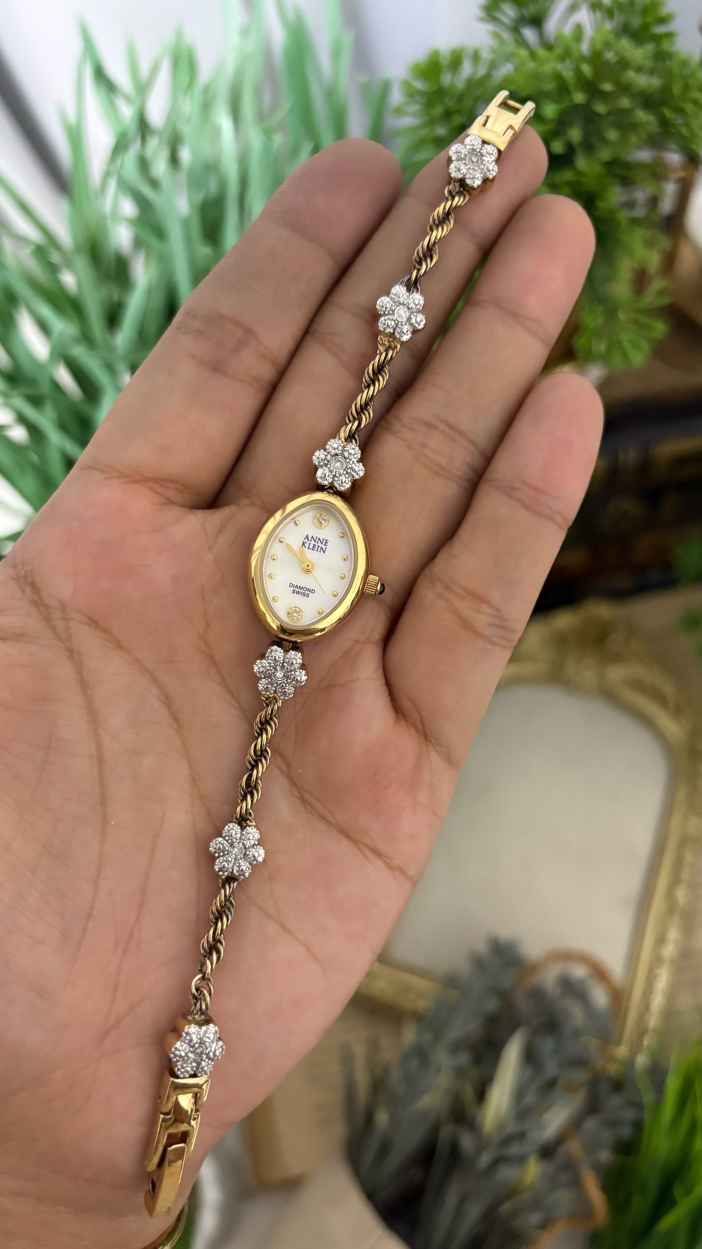 Extremely Rare Vintage Anne Klein Diamond Flower Bracelet Watch in Gold Tone Mother of Pearl Dial Quartz