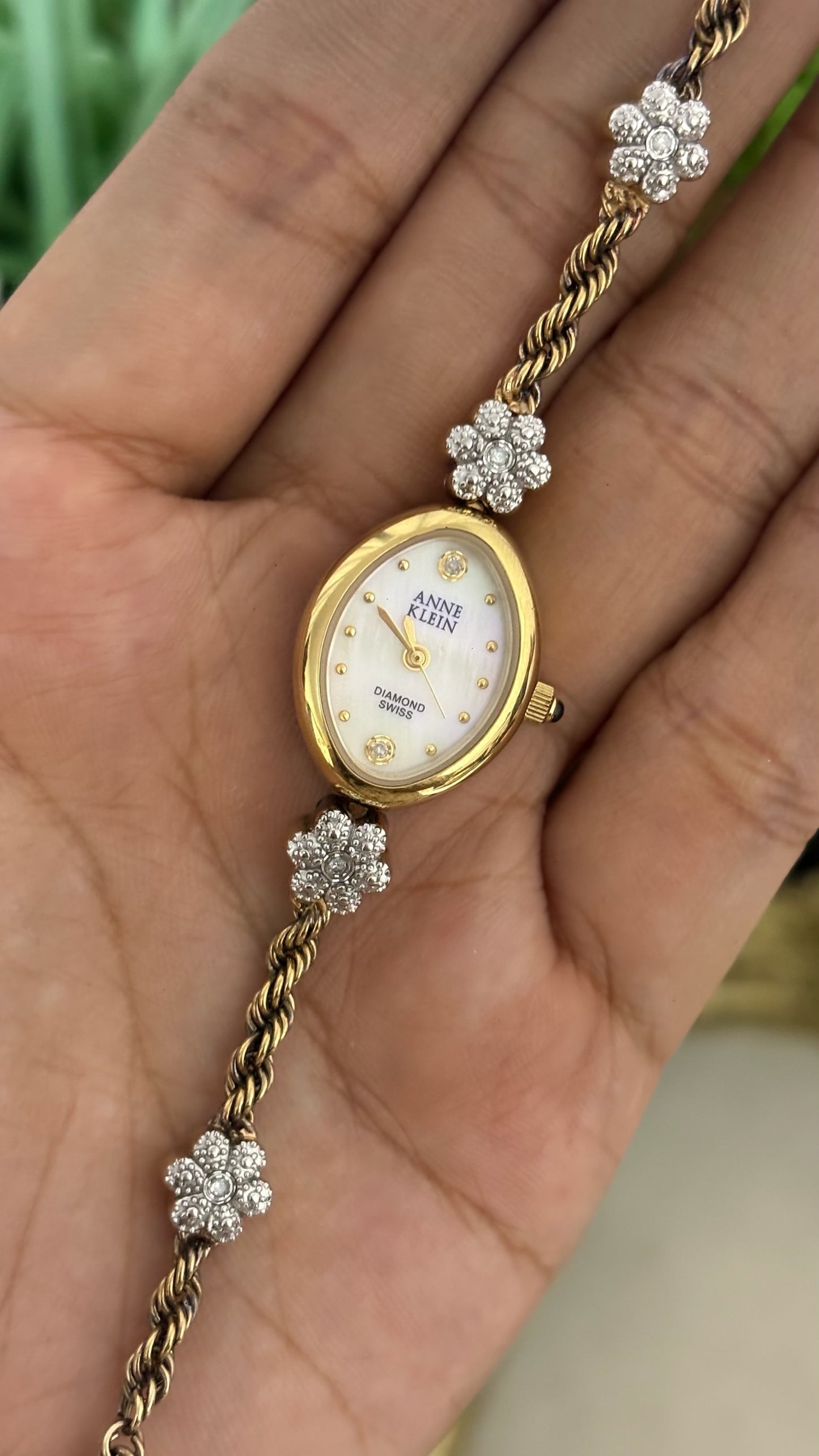 Extremely Rare Vintage Anne Klein Diamond Flower Bracelet Watch in Gold Tone Mother of Pearl Dial Quartz