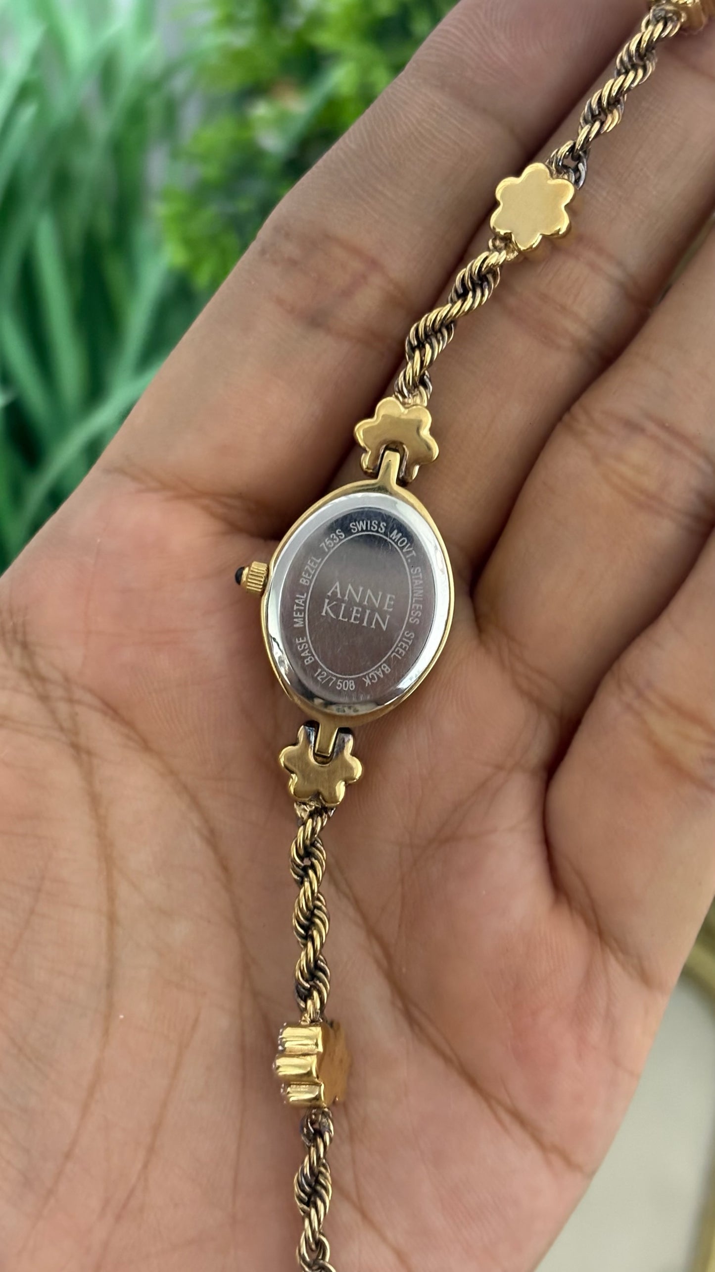 Extremely Rare Vintage Anne Klein Diamond Flower Bracelet Watch in Gold Tone Mother of Pearl Dial Quartz