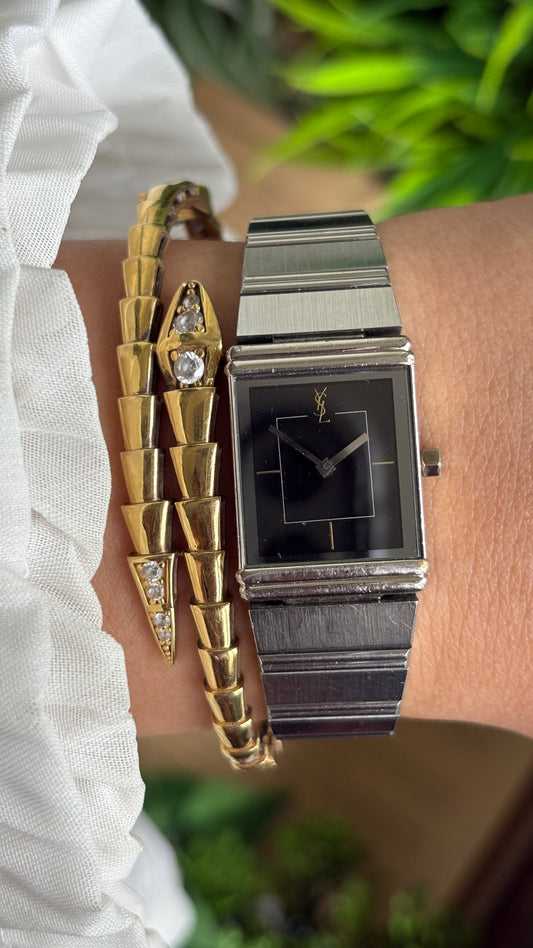 Vintage YSL Yves Saint Laurent Tank Dress Watch in Silver Tone Black Dial