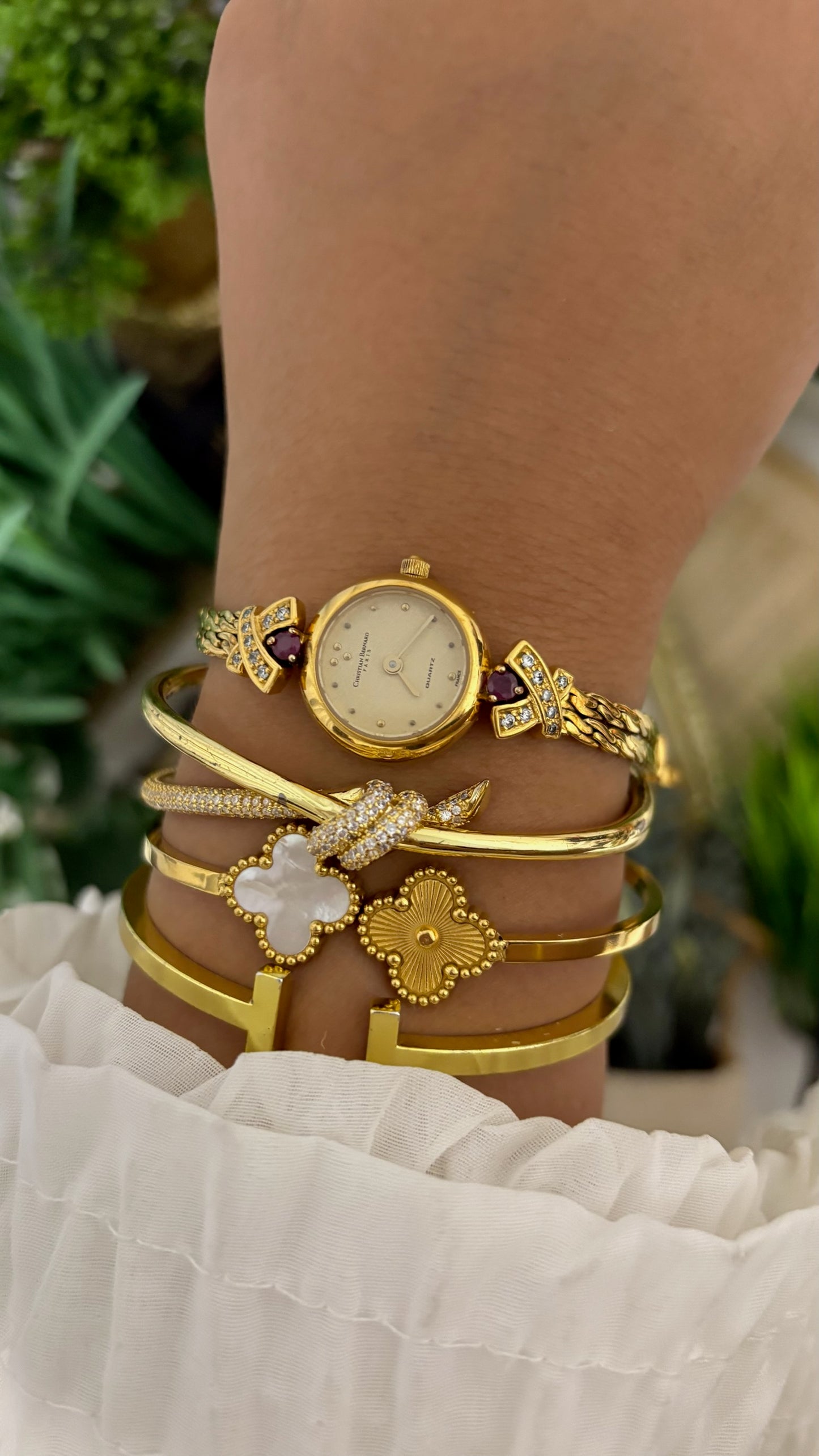 Extremely Rare Vintage Christian Bernard Ruby Accent Bracelet Watch in Gold Tone Quartz