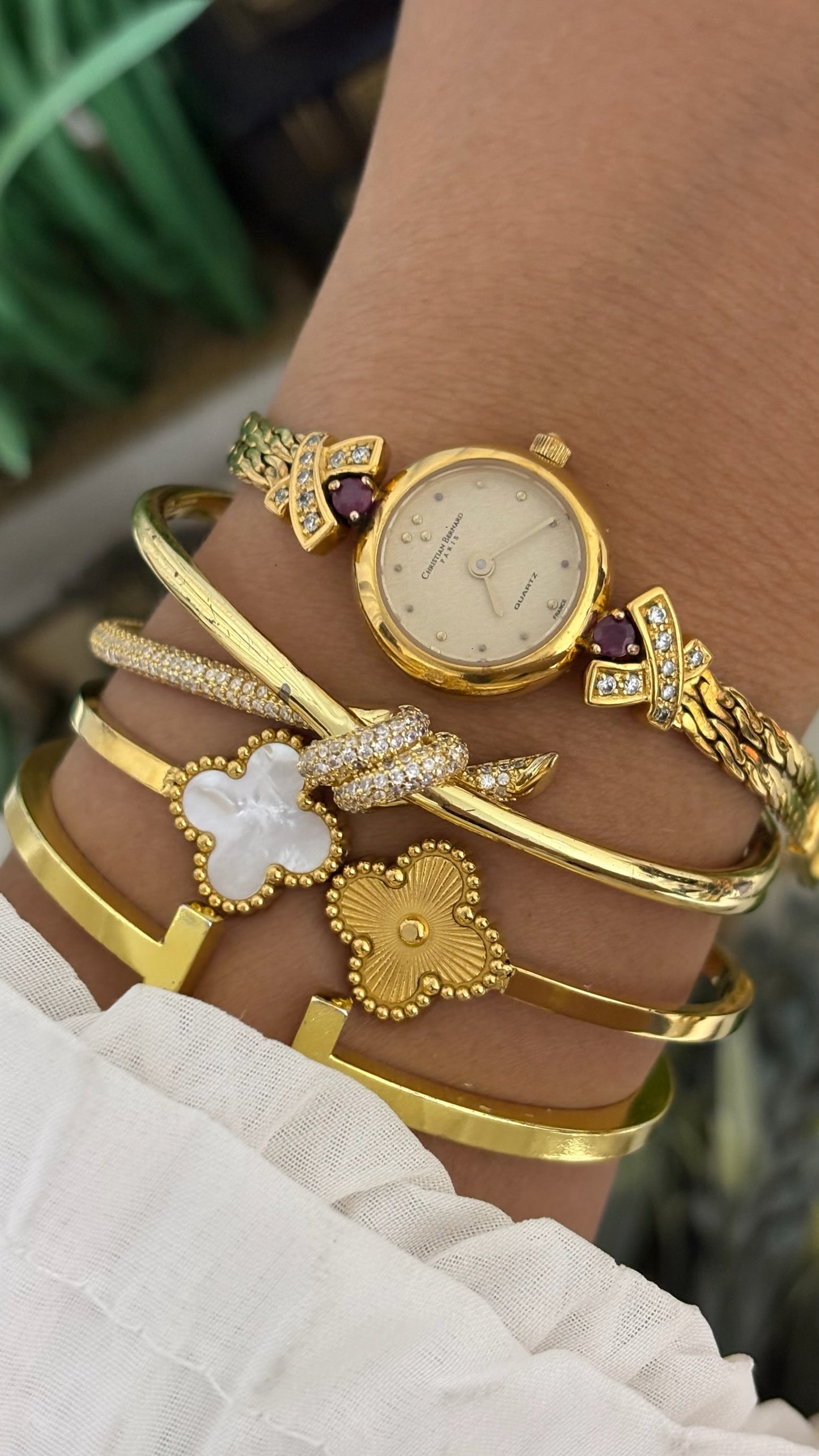 Extremely Rare Vintage Christian Bernard Ruby Accent Bracelet Watch in Gold Tone Quartz