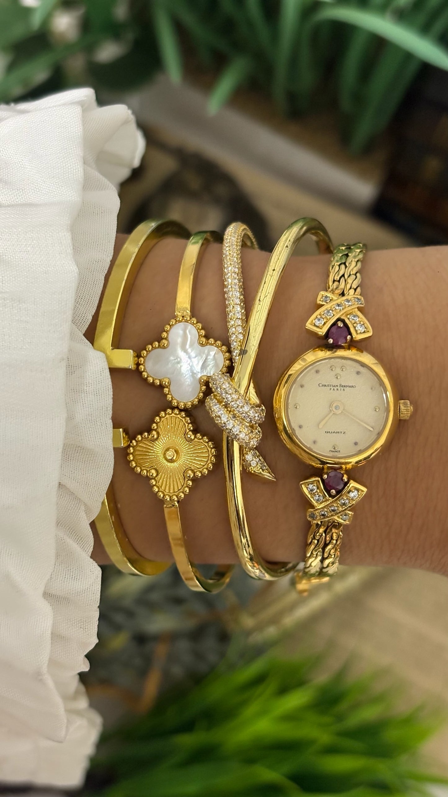 Extremely Rare Vintage Christian Bernard Ruby Accent Bracelet Watch in Gold Tone Quartz