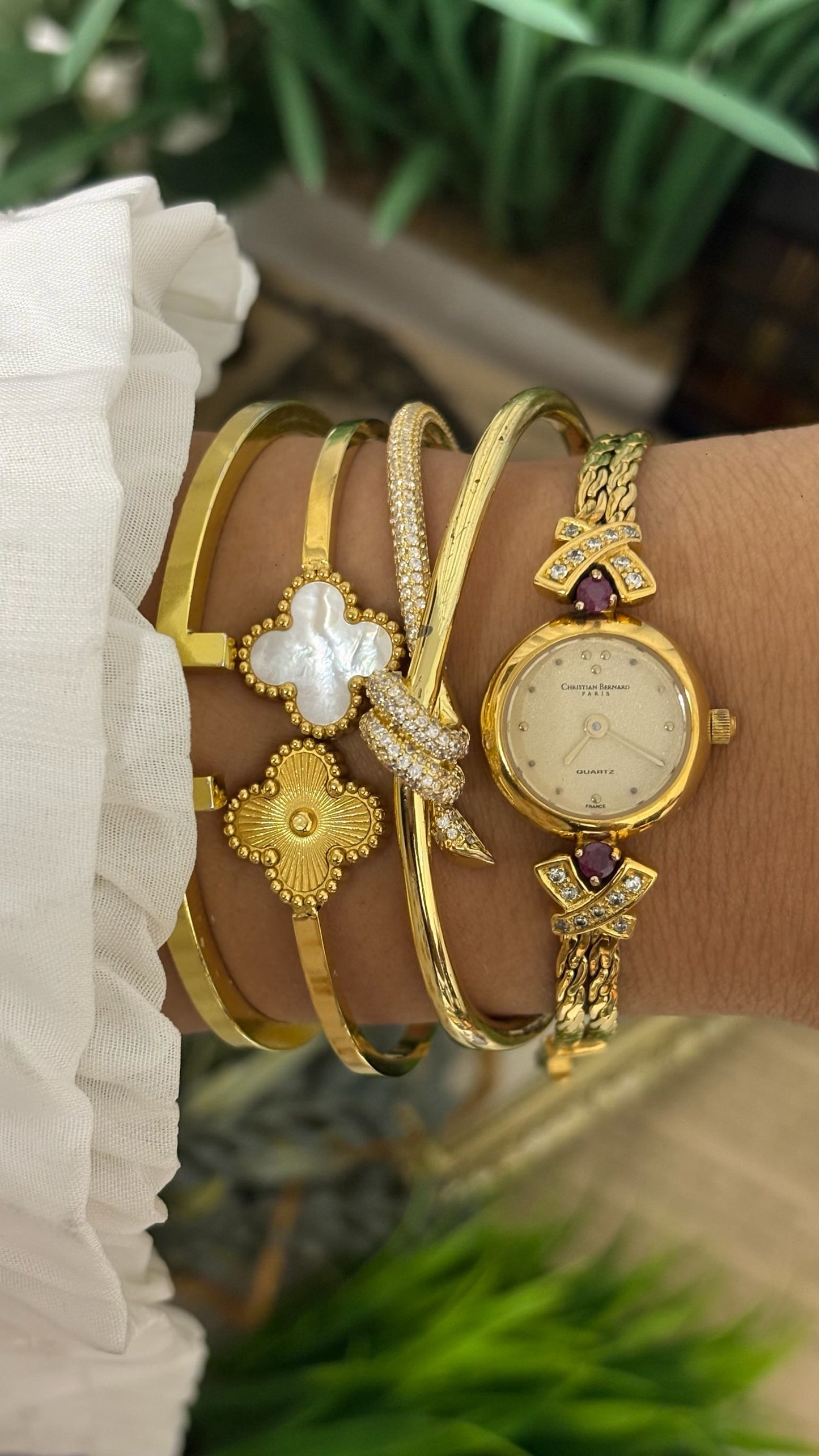 Extremely Rare Vintage Christian Bernard Ruby Accent Bracelet Watch in Gold Tone Quartz