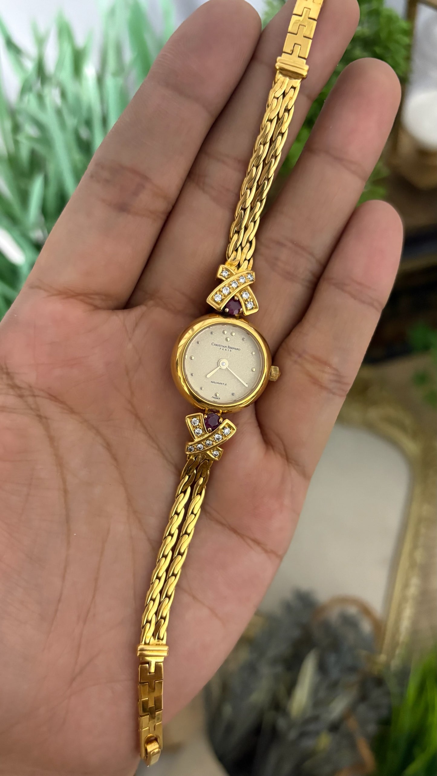 Extremely Rare Vintage Christian Bernard Ruby Accent Bracelet Watch in Gold Tone Quartz