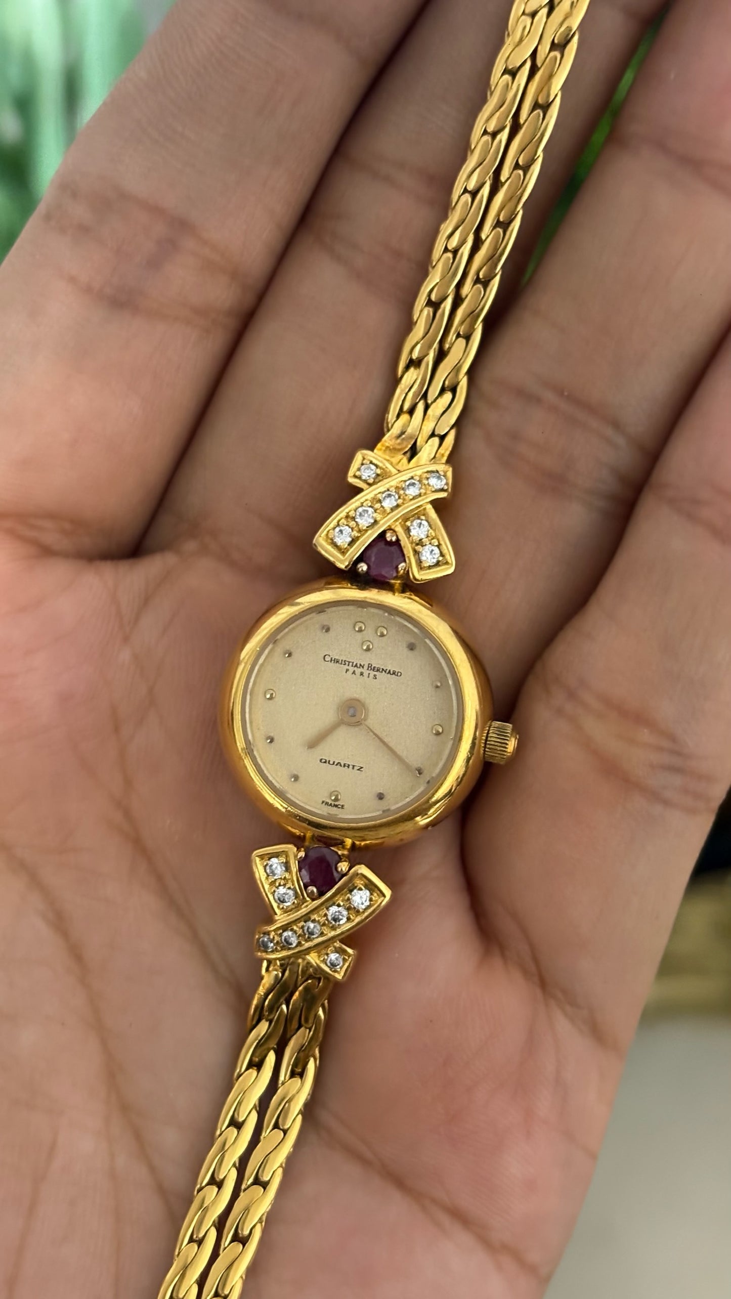 Extremely Rare Vintage Christian Bernard Ruby Accent Bracelet Watch in Gold Tone Quartz