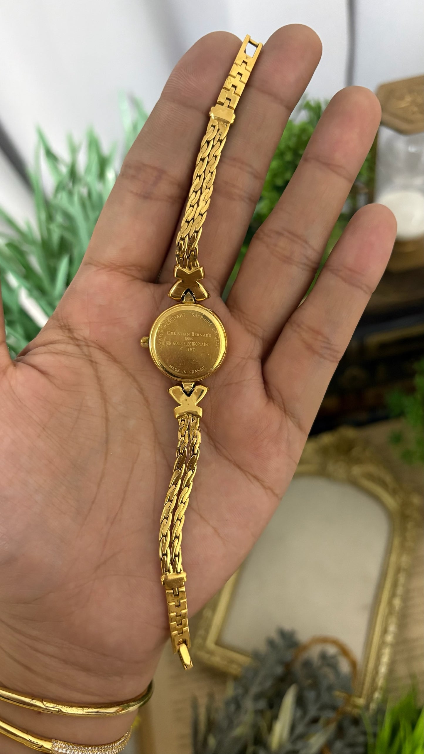 Extremely Rare Vintage Christian Bernard Ruby Accent Bracelet Watch in Gold Tone Quartz