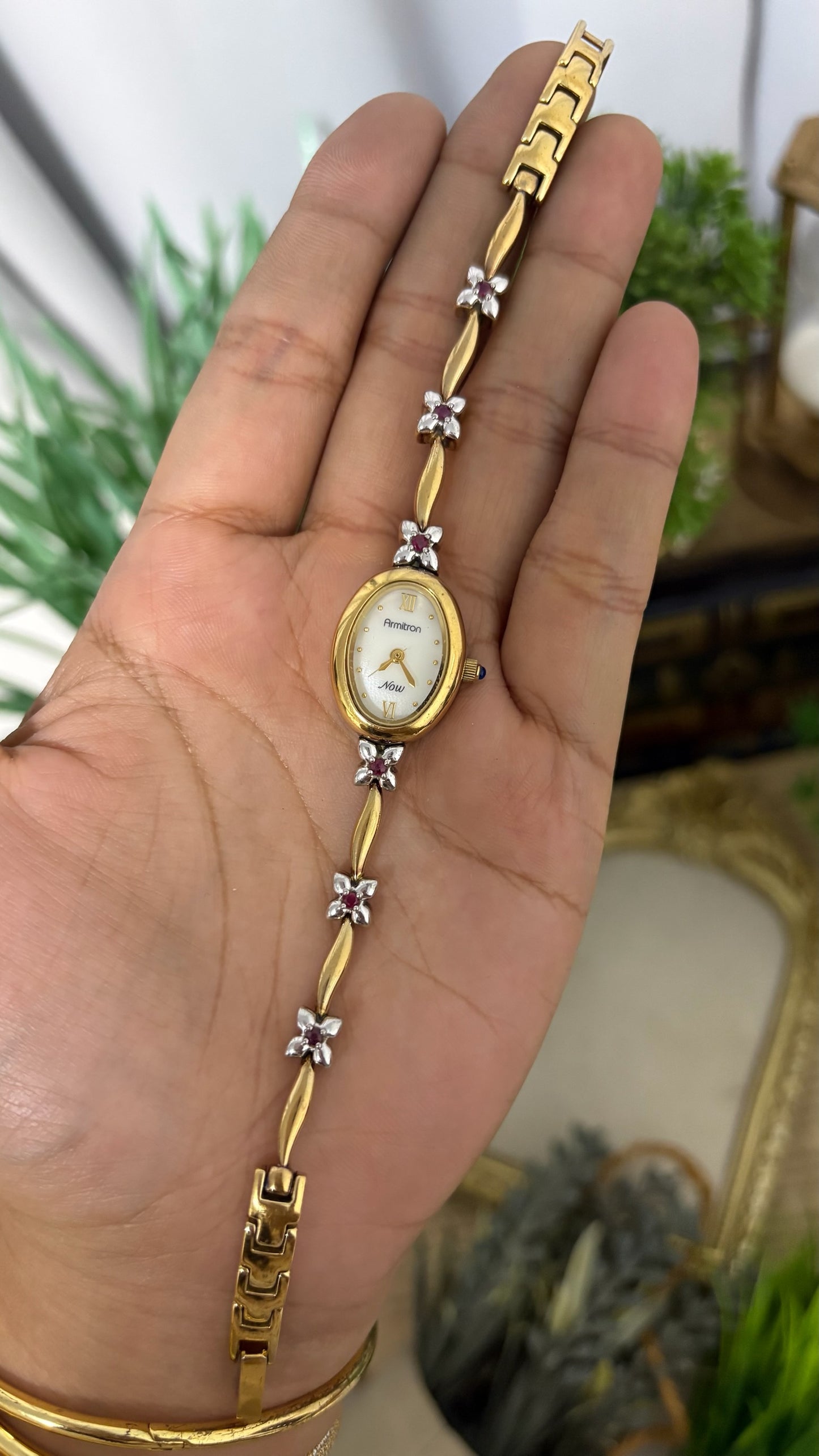 Extremely Rare Vintage Armitron Now Flower Ruby Accents Bracelet Watch in Gold Tone Quartz