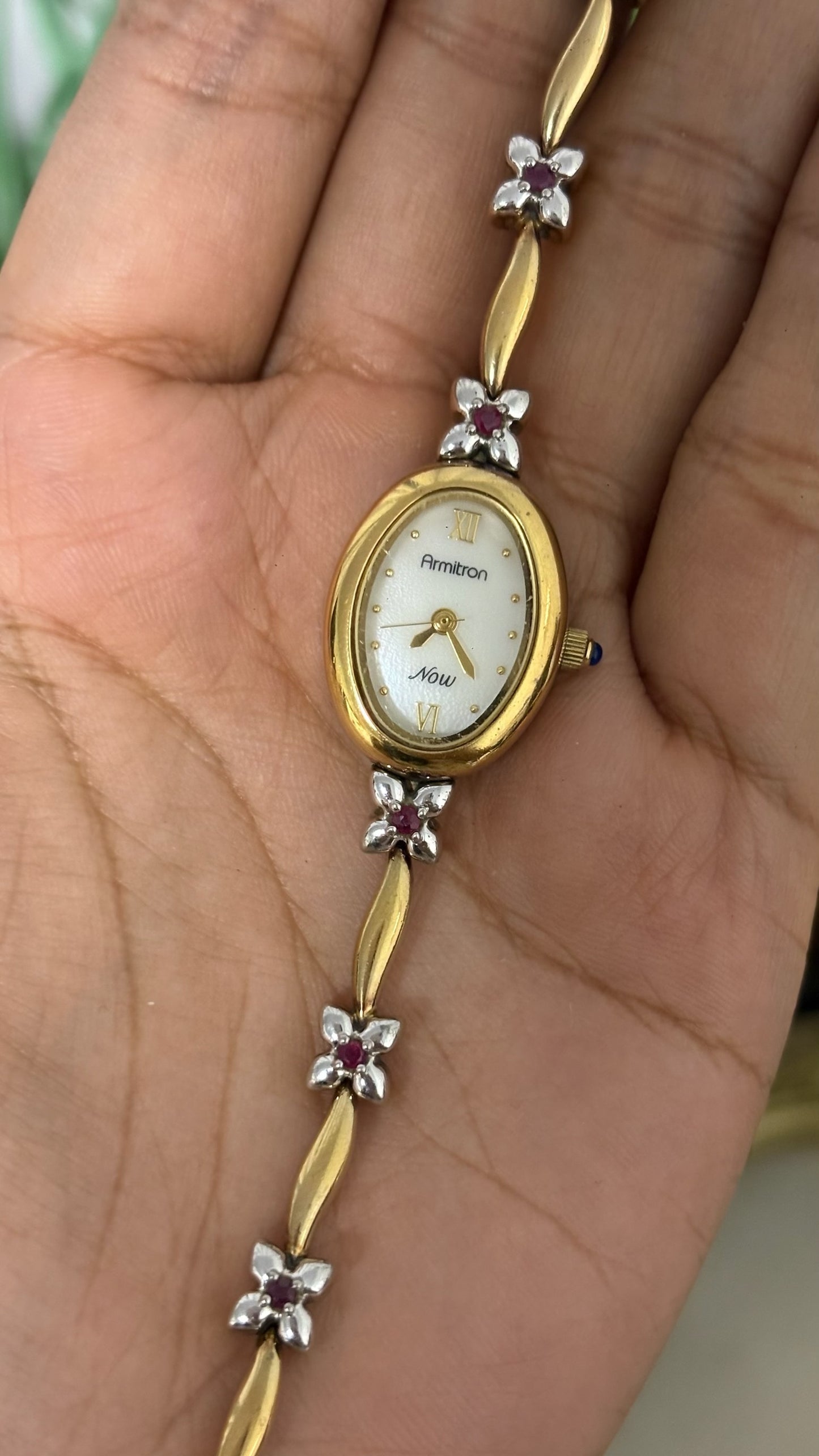 Extremely Rare Vintage Armitron Now Flower Ruby Accents Bracelet Watch in Gold Tone Quartz