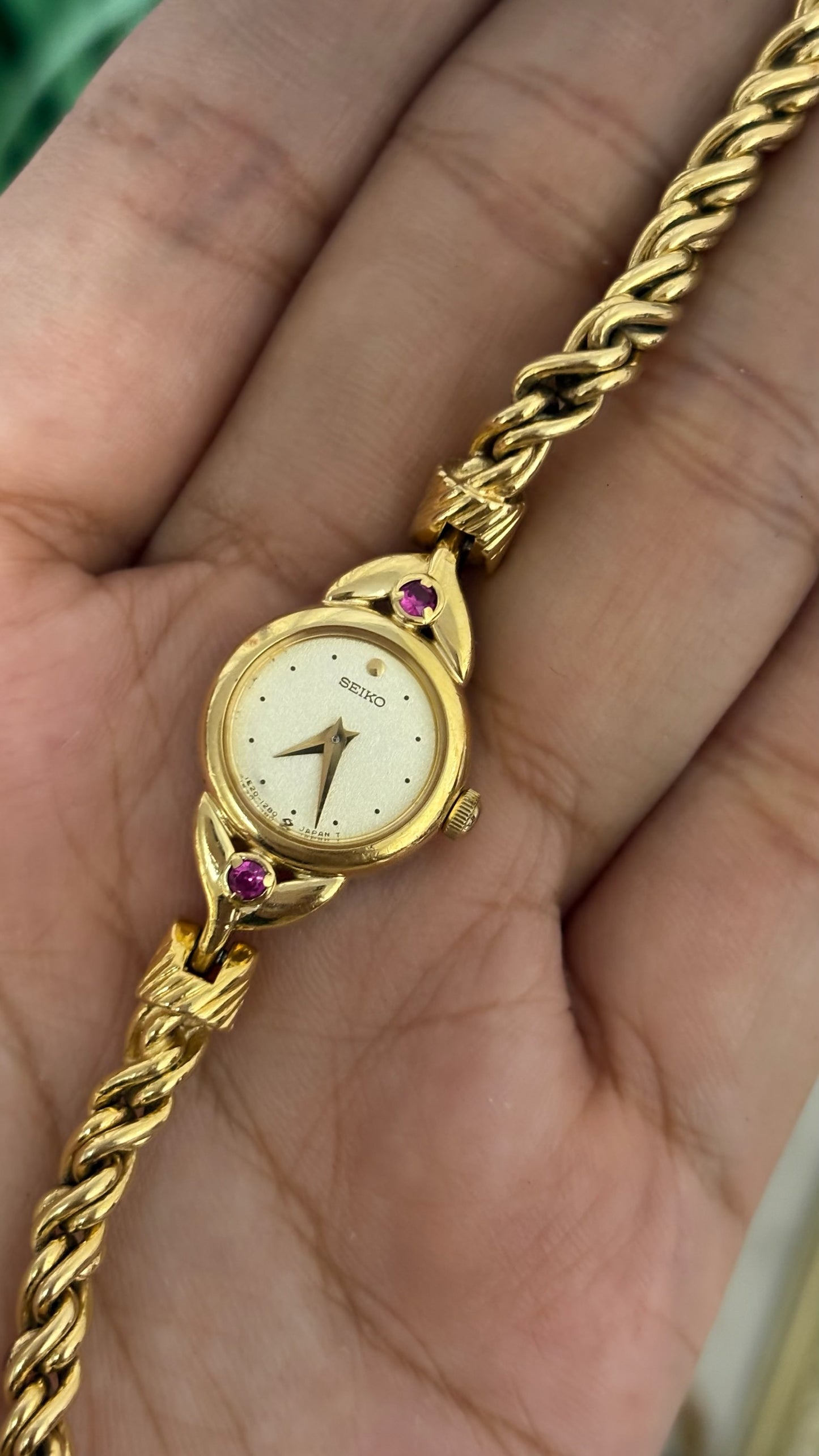 Extremely Rare Vintage Seiko Ruby Accents Rope Bracelet Watch in Gold Tone Quartz