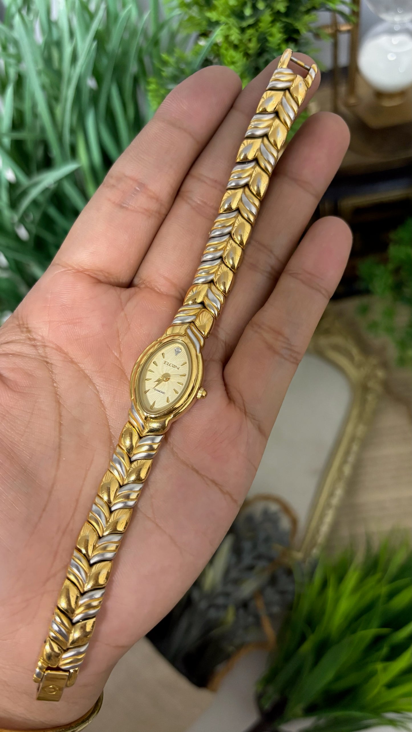 Rare Vintage Elgin Diamond Eye-shape Chevron Watch in Two-Tone Quartz