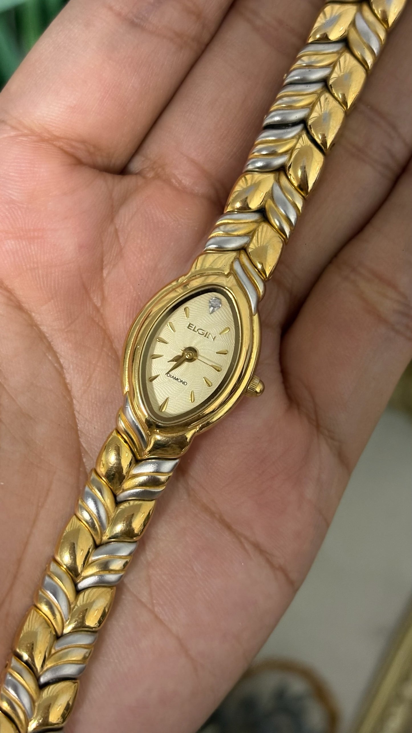 Rare Vintage Elgin Diamond Eye-shape Chevron Watch in Two-Tone Quartz