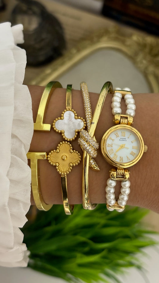 Extremely Rare Anne Klein II Pearl Bracelet Watch in Gold Tone Mother of Pearl Dial Quartz