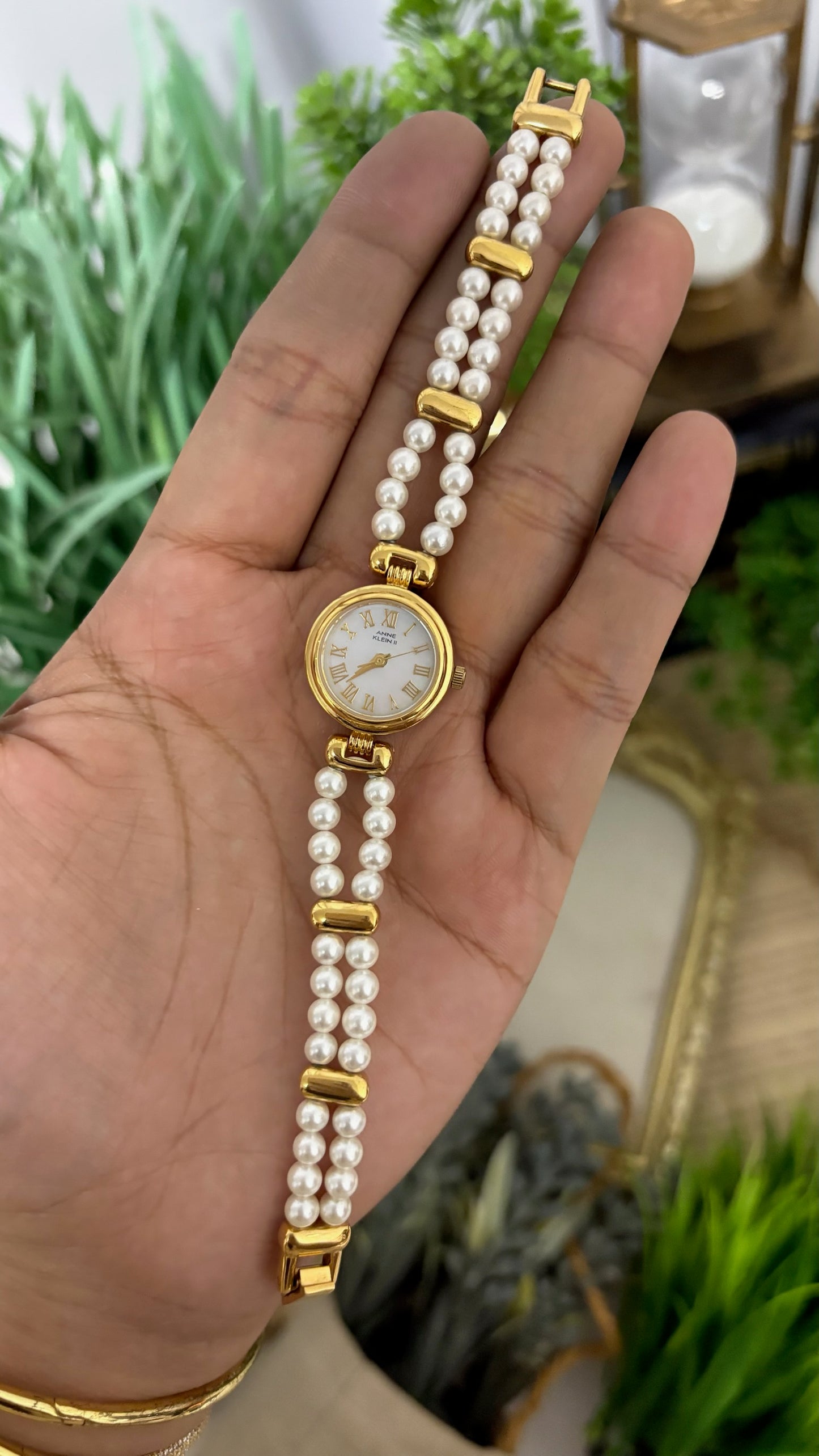 Extremely Rare Anne Klein II Pearl Bracelet Watch in Gold Tone Mother of Pearl Dial Quartz
