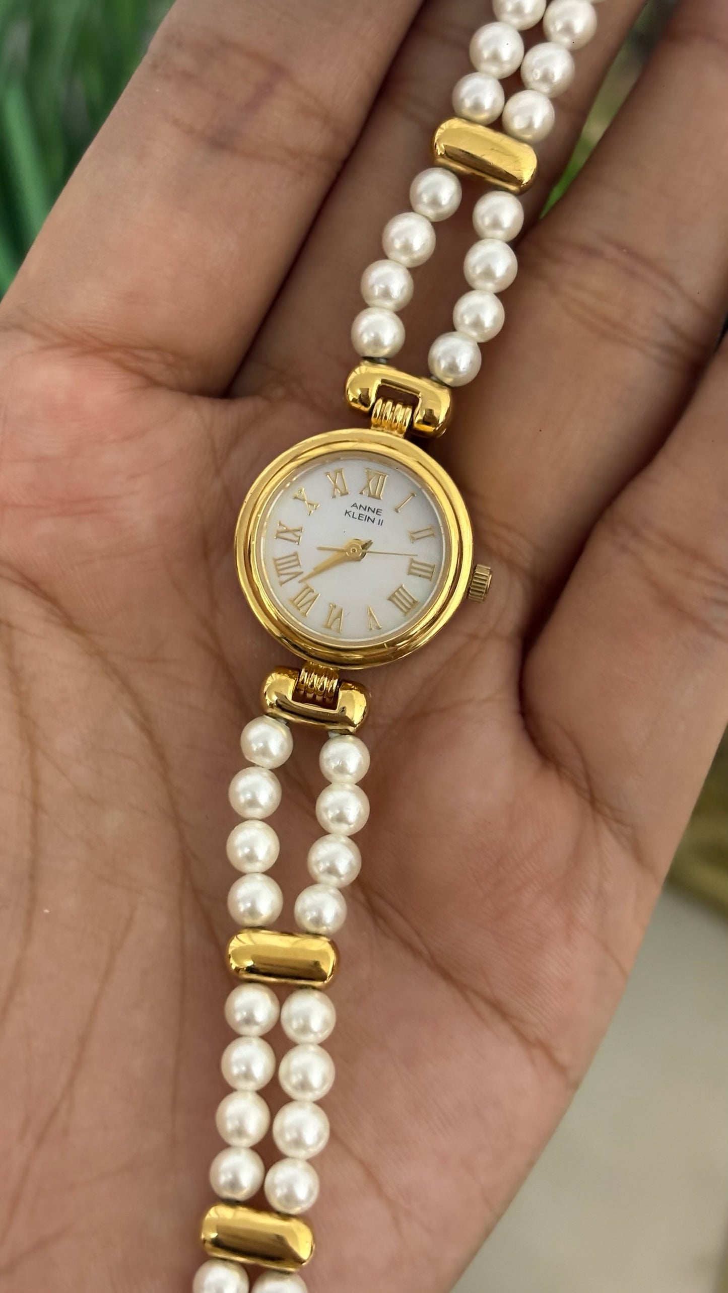 Extremely Rare Anne Klein II Pearl Bracelet Watch in Gold Tone Mother of Pearl Dial Quartz