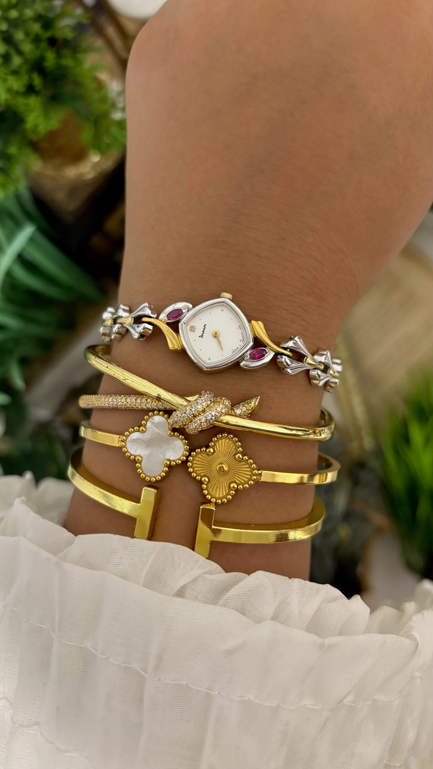 Extremely Rare Vintage Dana Ruby Accents Bracelet Watch in Two-Tone Quartz