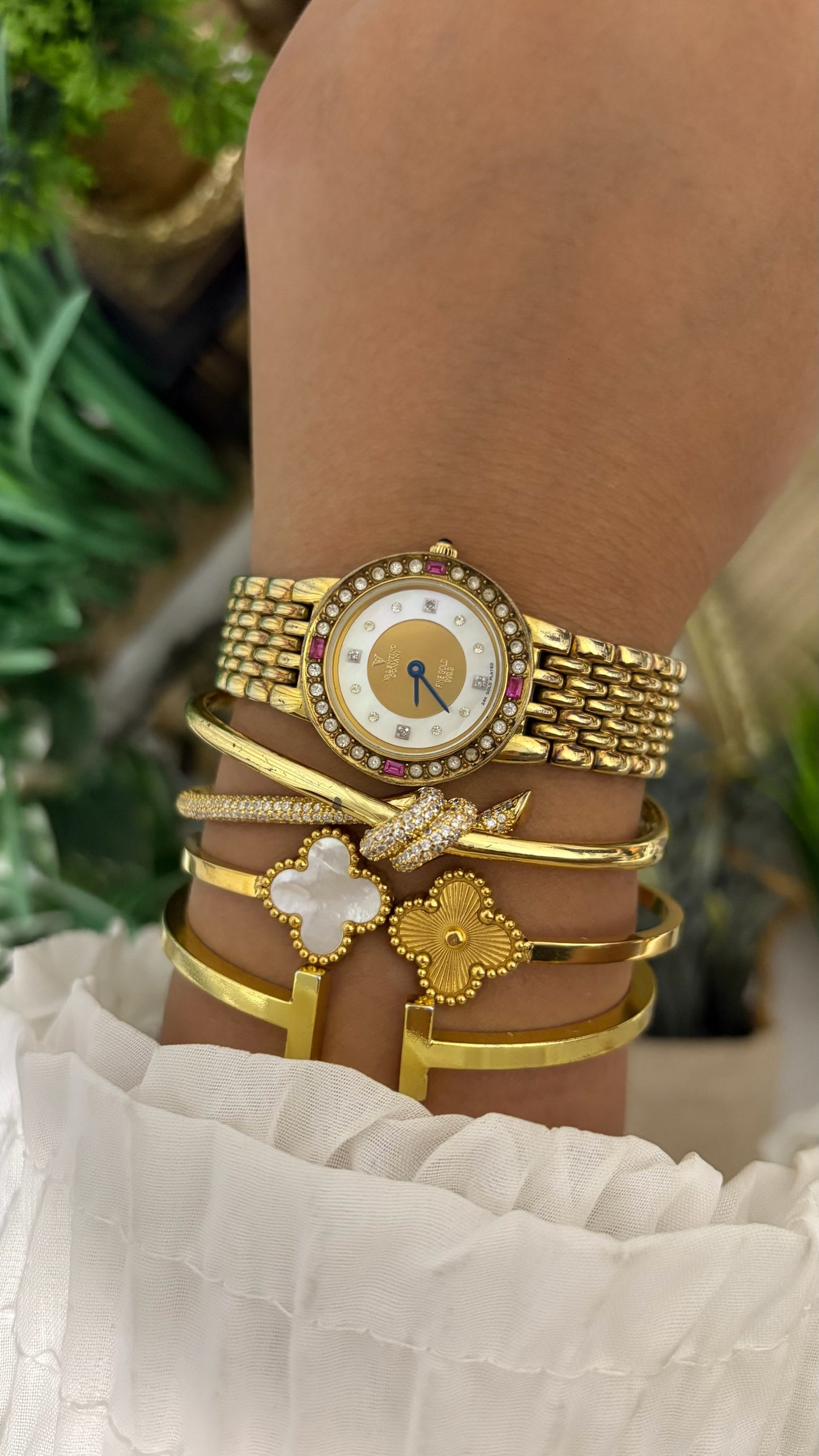 Extremely Rare Vintage Valentino Romani Ruby Accent Diamond Bezel Dress Watch in 24K Plated Gold Tone Mother of Pearl Dial Quartz