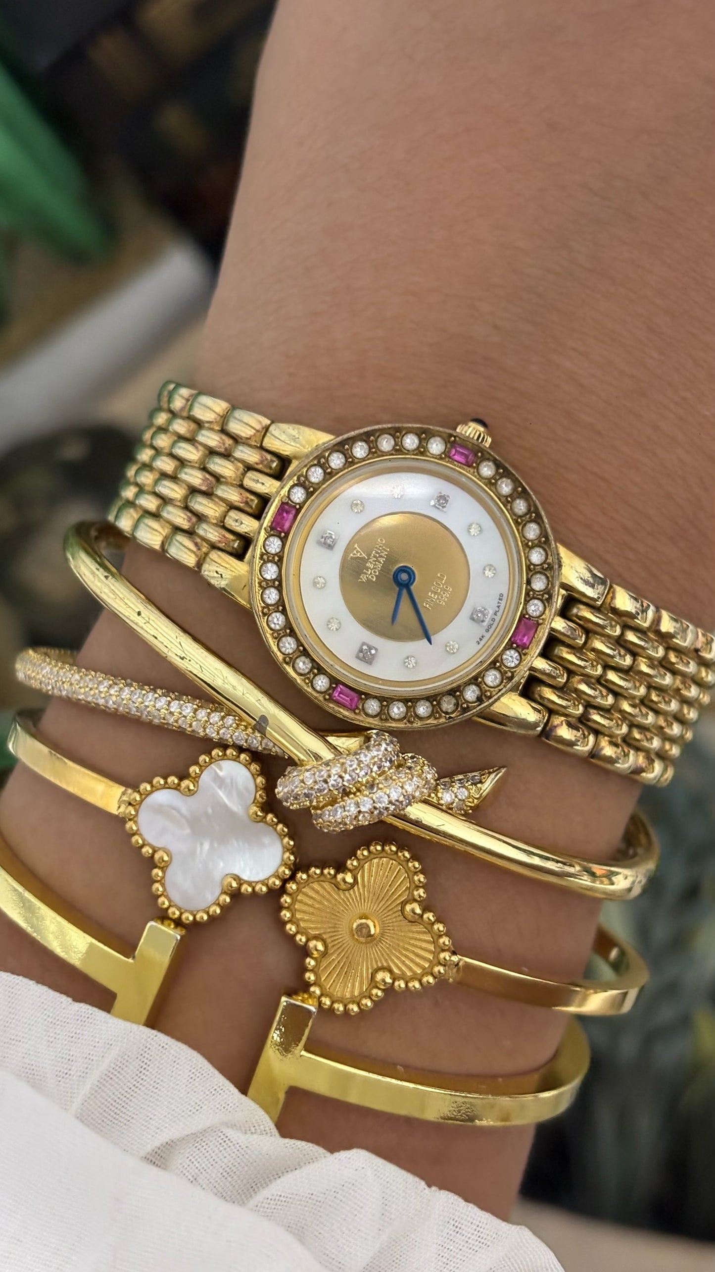 Extremely Rare Vintage Valentino Romani Ruby Accent Diamond Bezel Dress Watch in 24K Plated Gold Tone Mother of Pearl Dial Quartz