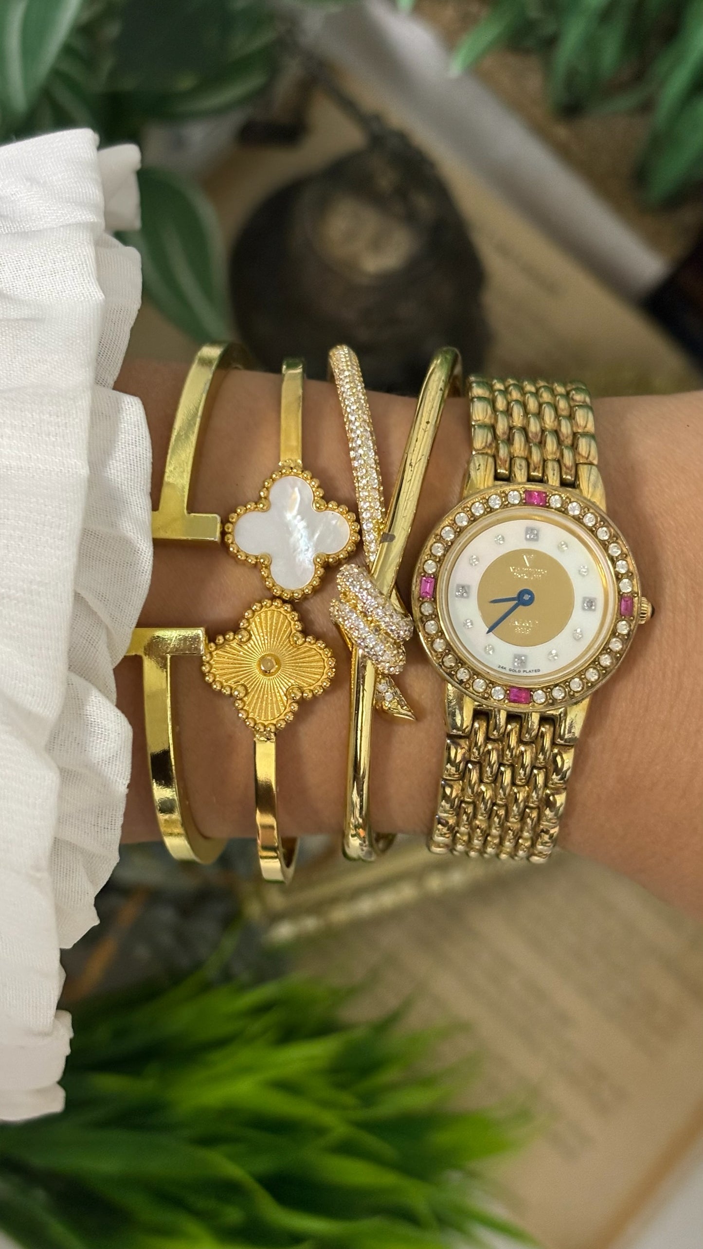 Extremely Rare Vintage Valentino Romani Ruby Accent Diamond Bezel Dress Watch in 24K Plated Gold Tone Mother of Pearl Dial Quartz